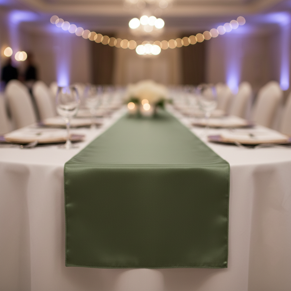 Low-angle view with willow green satin table runner