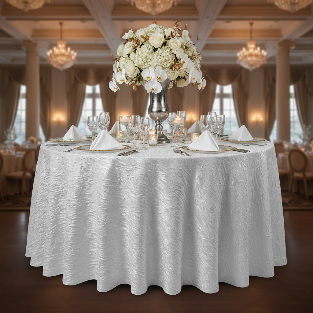 132" Round Crushed Taffeta Tablecloth - White in Luxury Reception