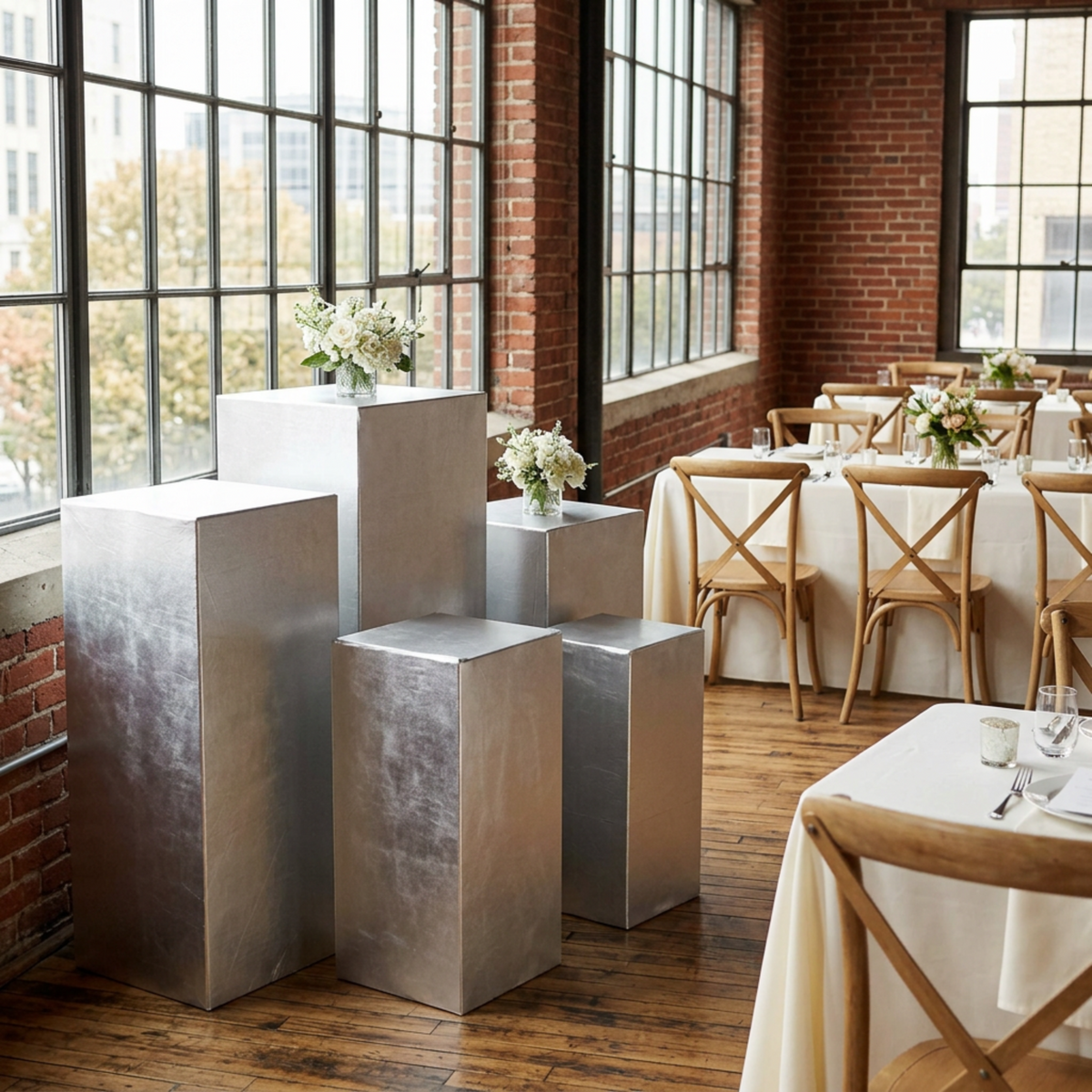 Silver pedestal covers at a brick-loft engagement reception
