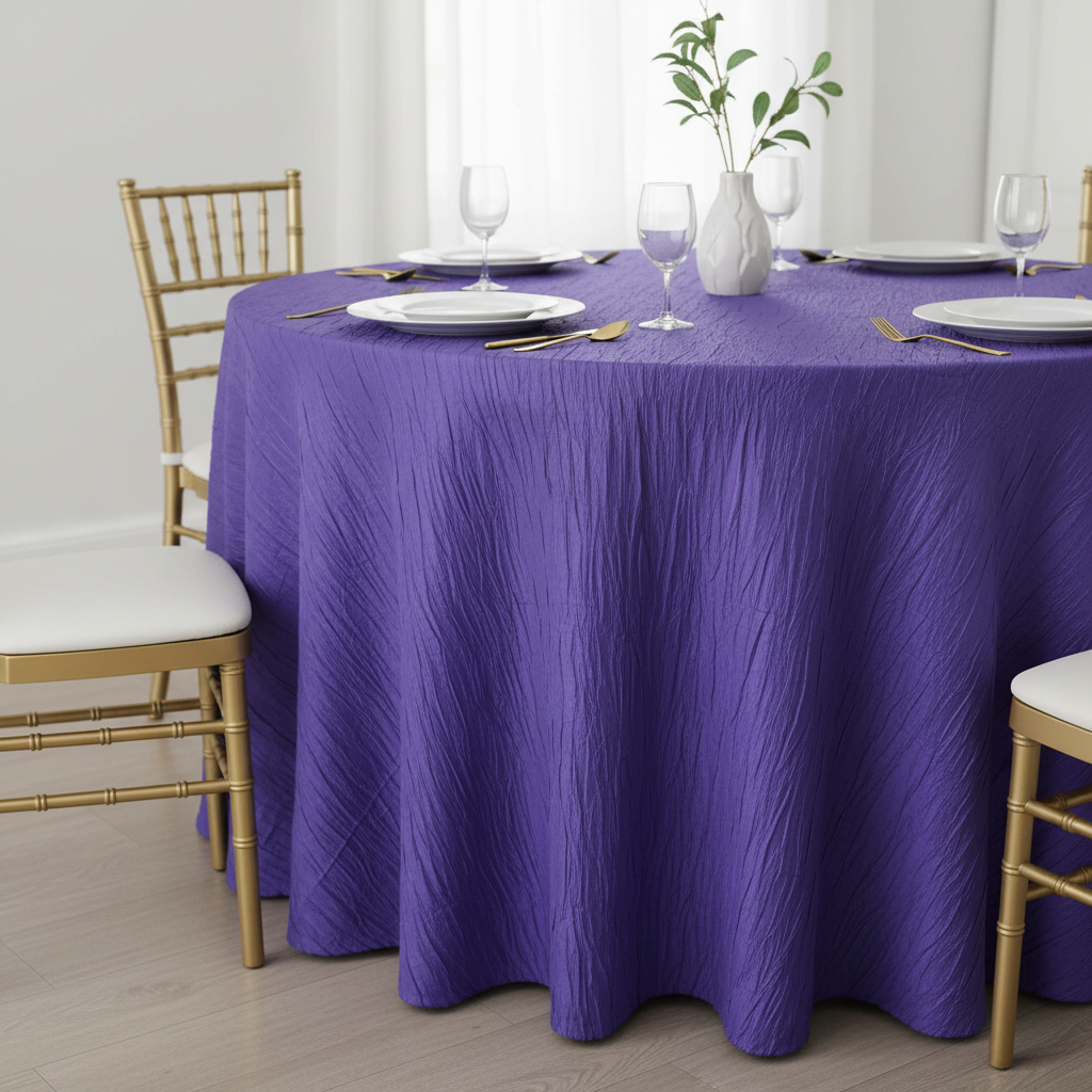 Accordion Crinkle Taffeta 132" Round Tablecloth - Purple with Chiavari Gold Chairs. 