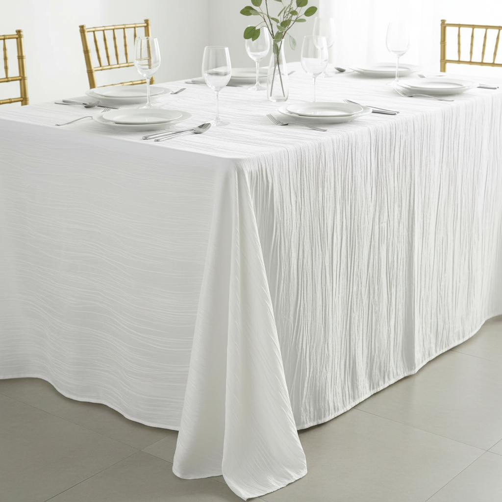 Accordion Crinkle Taffeta 90"x156" Rectangular Tablecloth - White with Chiavari Gold Chairs.