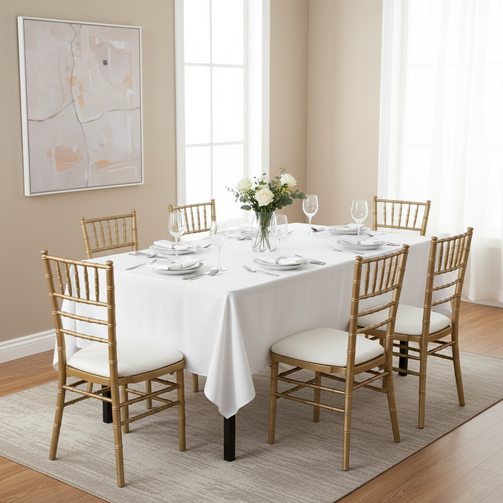 Economy Polyester Tablecloth 60"x120" Rectangular - White with Chiavari Gold Chairs.