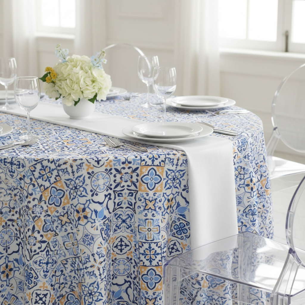 Morocco Mediterranean 132" Round Tablecloth.