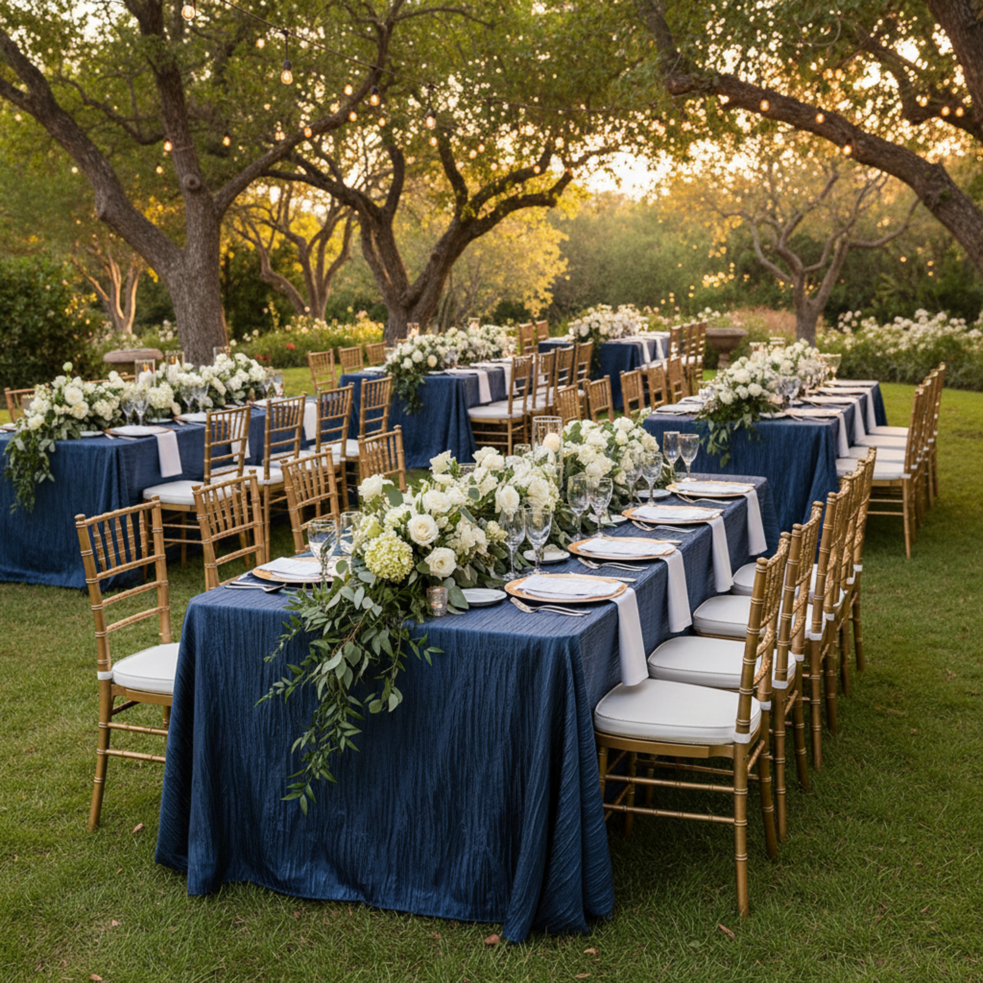 Navy Blue Accordion Crinkle Taffeta 90x156 Rectanagular Tablecloth– Outdoor Wedding Reception