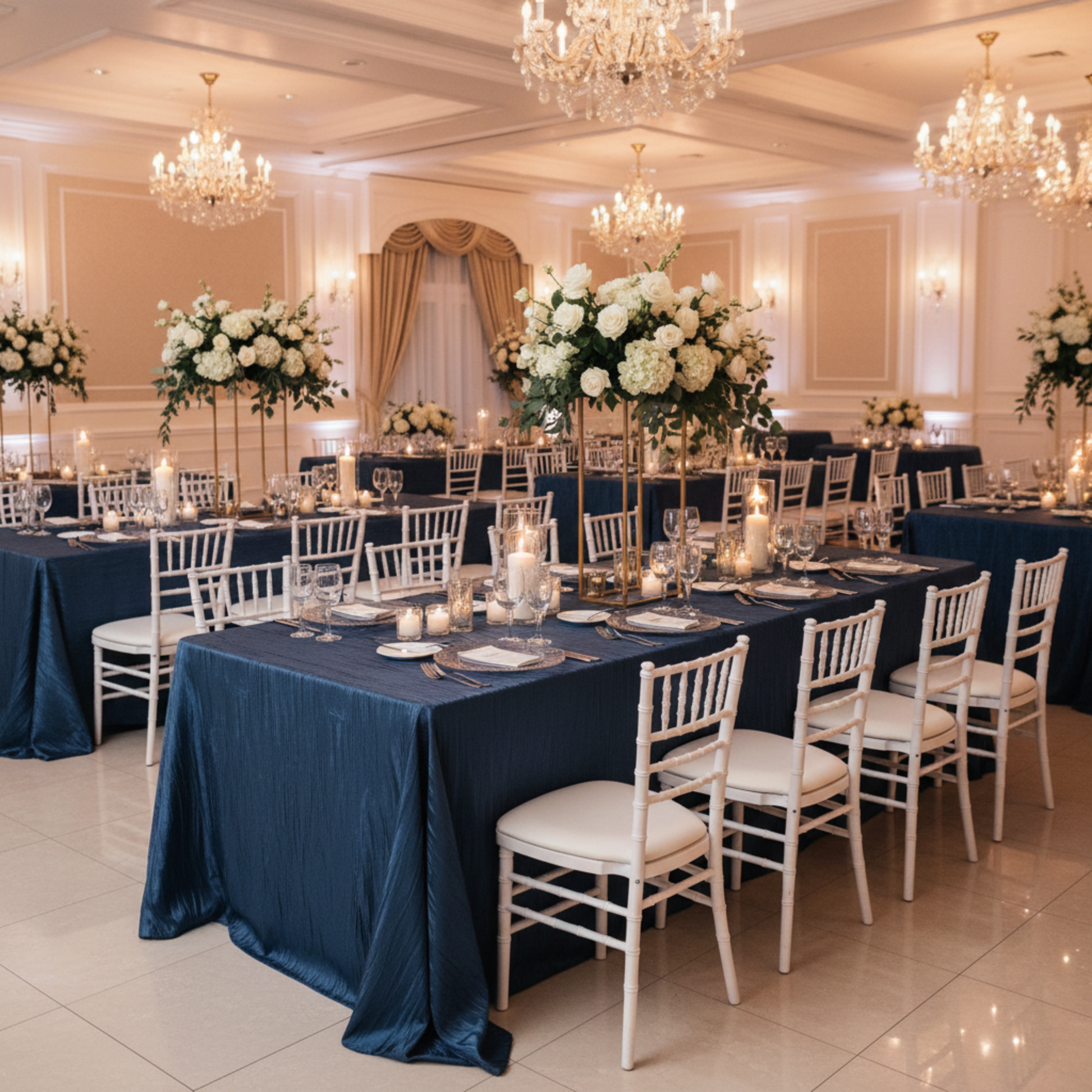 Navy Blue Accordion Crinkle Taffeta  90x156 Tablecloth– Indoor Reception