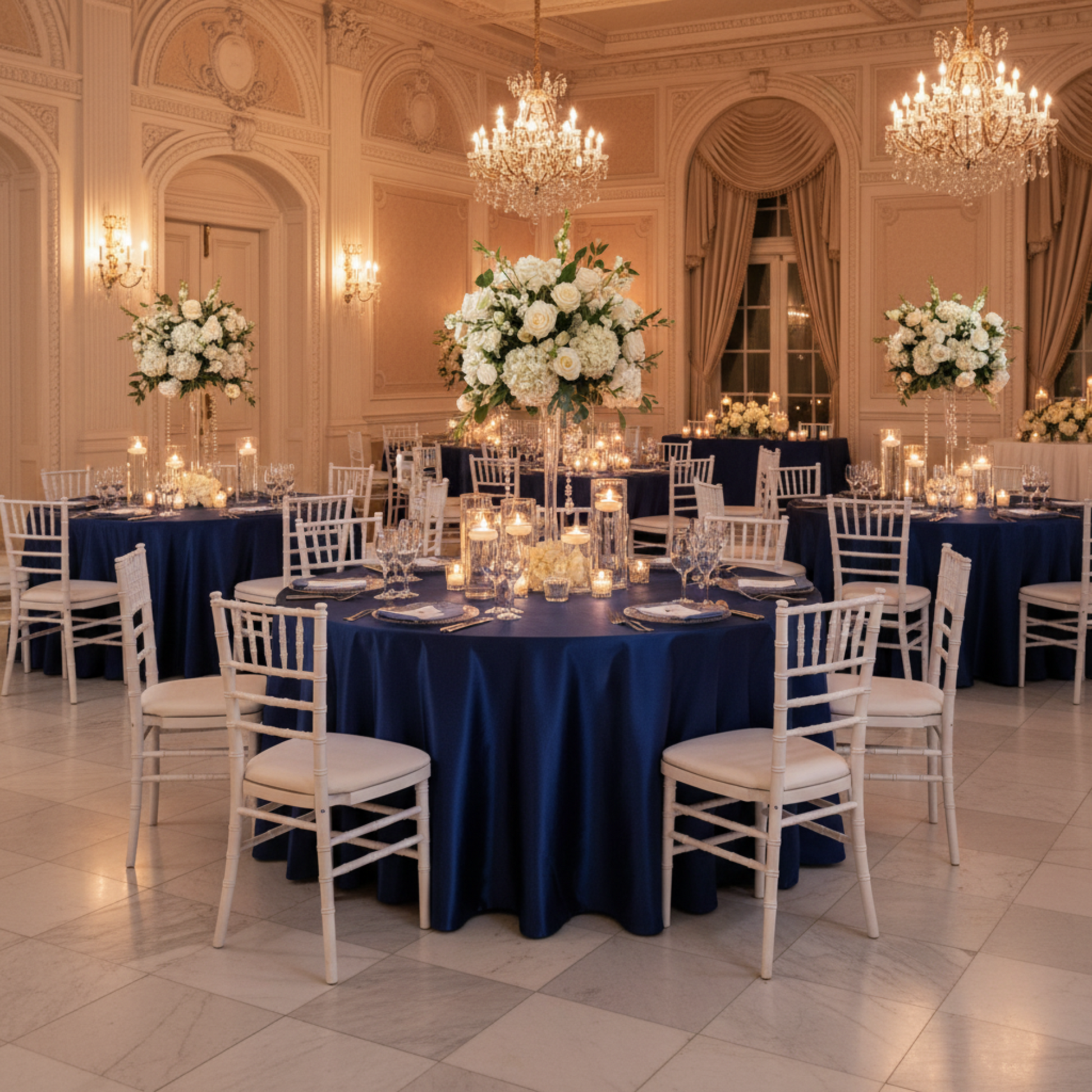 Navy Blue 132 Round Satin Tablecloth – Indoor Wedding Reception