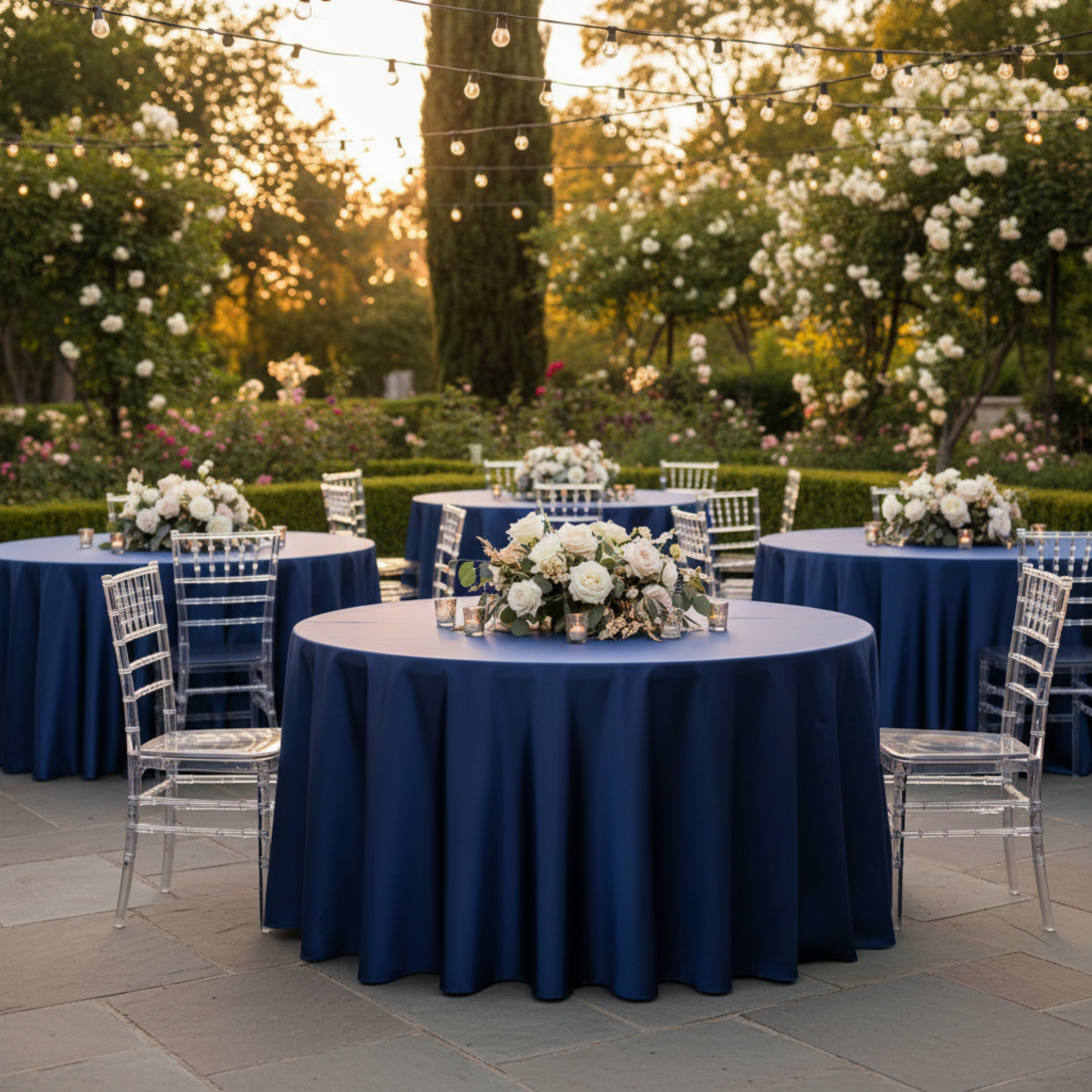 Navy Blue 132 Round Satin Tablecloth – Outdoor Wedding Reception