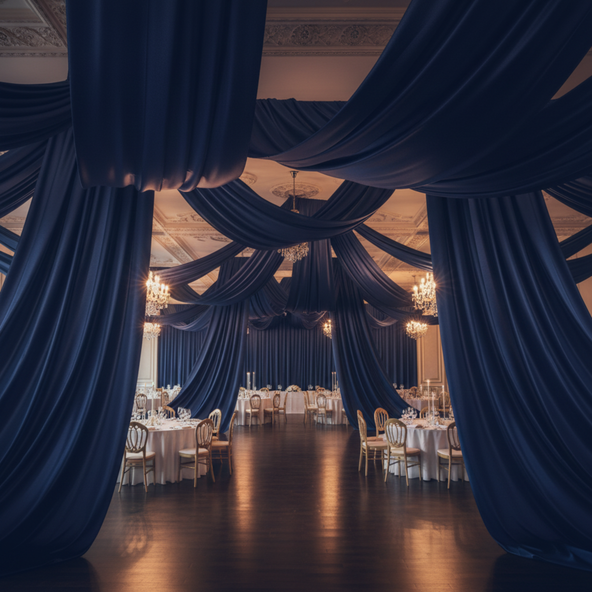 Navy Blue Satin Ceiling and Wall Drapes in Event Venue