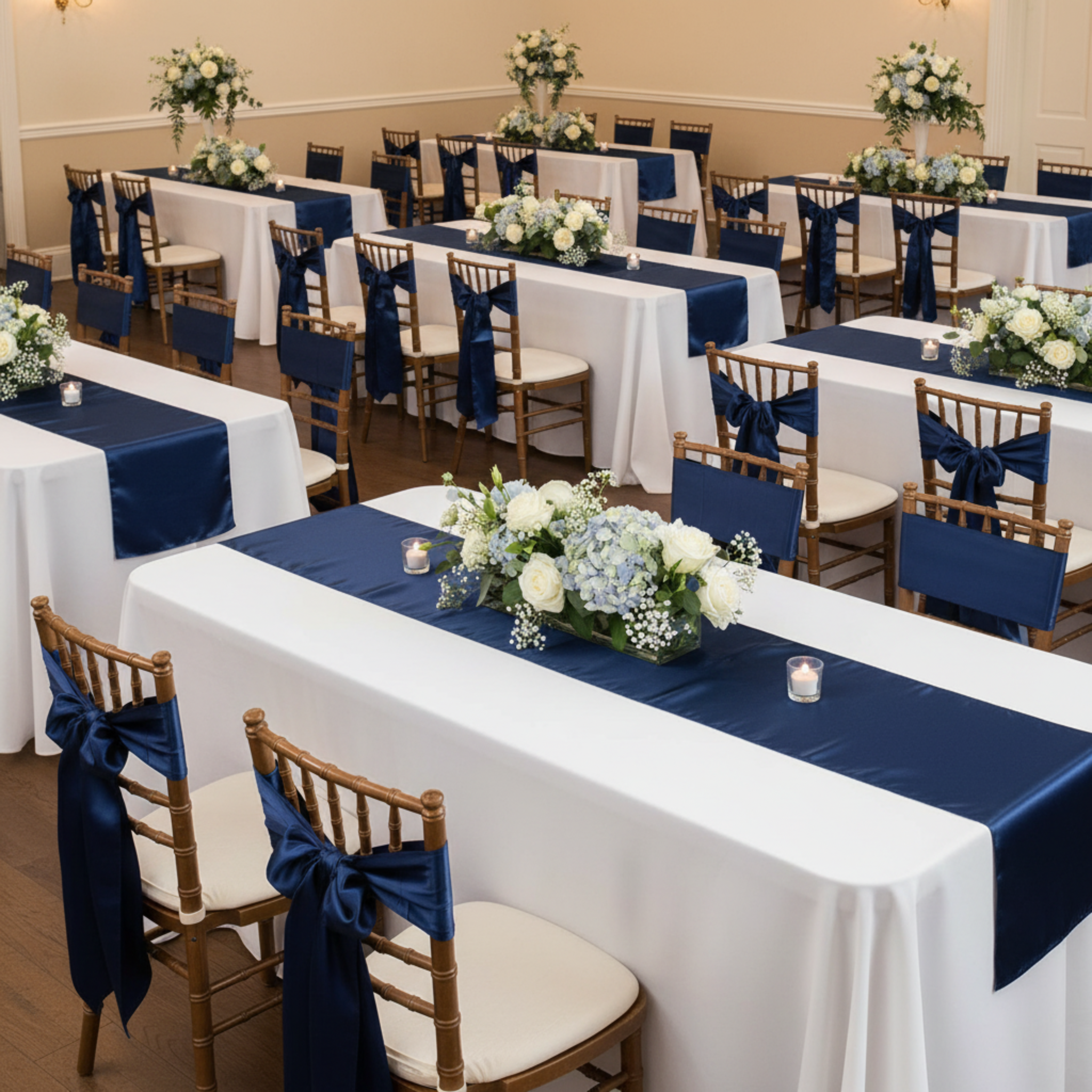 Navy Blue Satin Runner and Sash Indoor Wedding