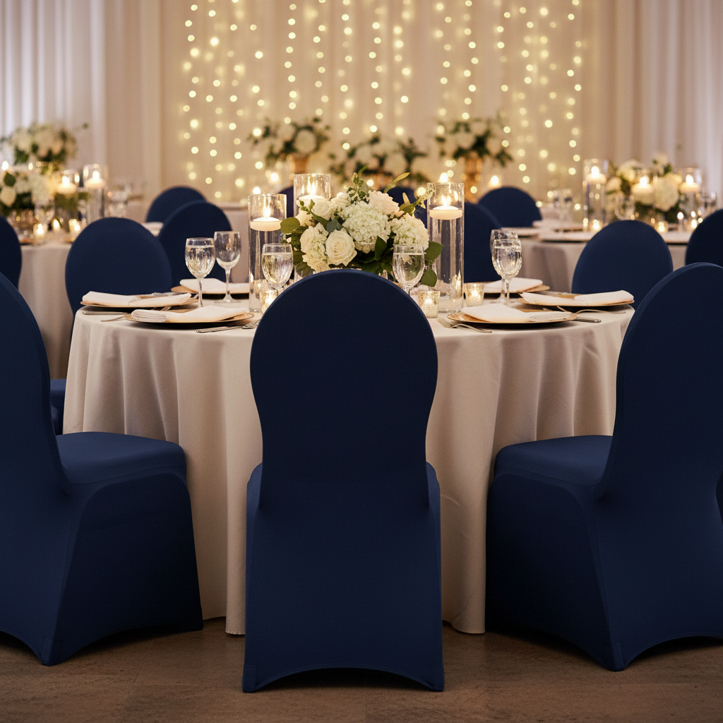 Spandex Banquet Chair Cover - Navy Blue with Banquet Chairs.