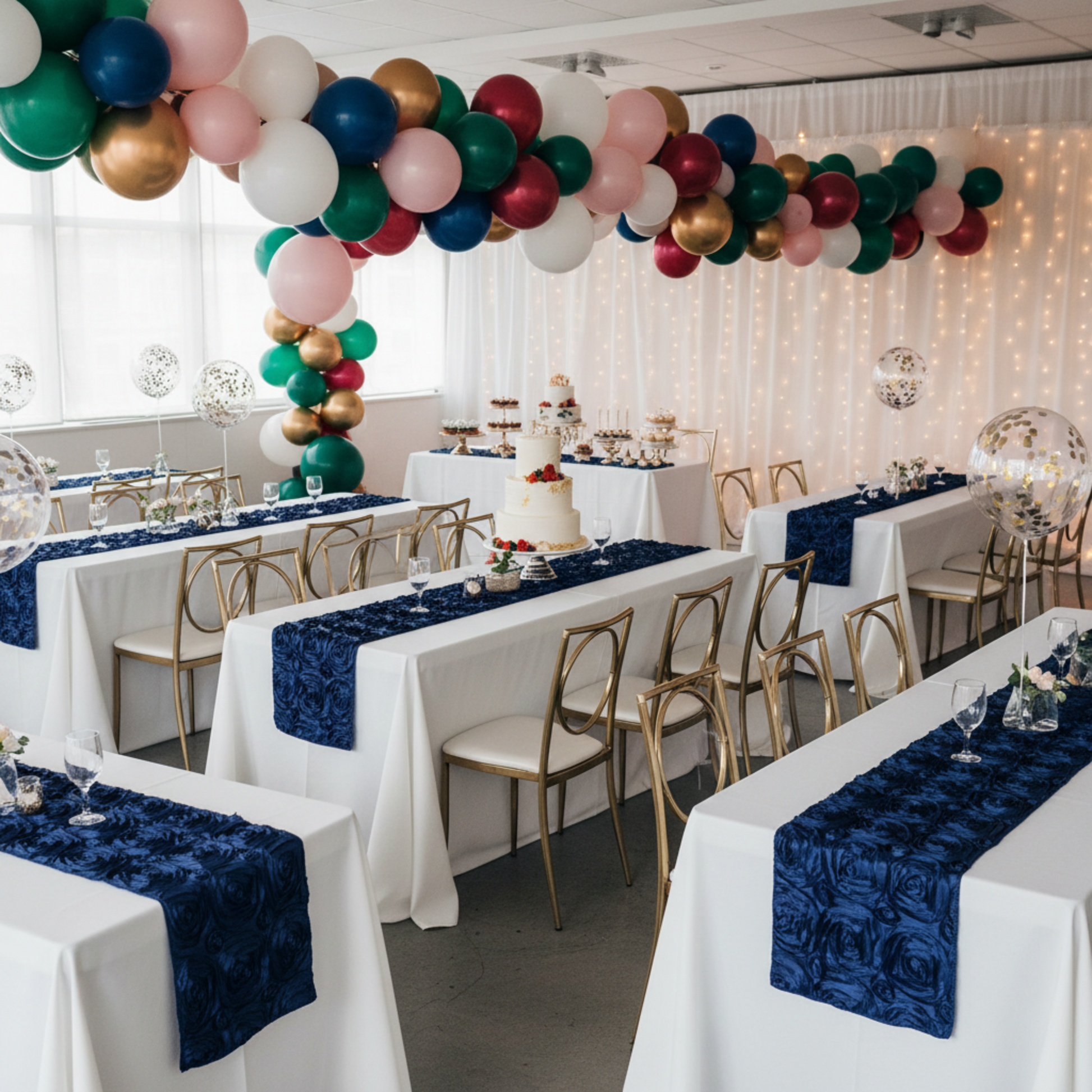 Navy blue rosette satin table runner on birthday celebration tables