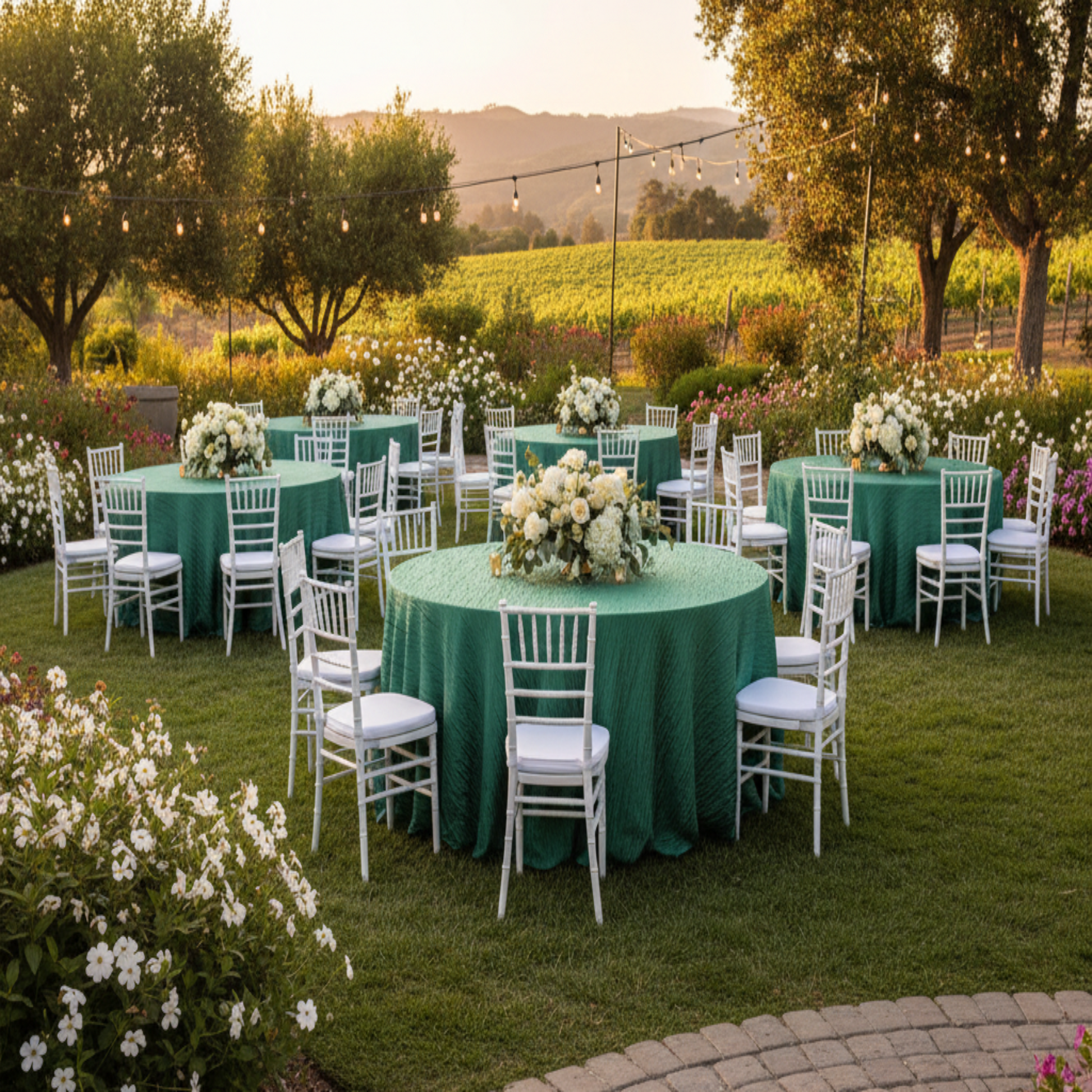 Outdoor Reception Emerald green 120 round accordion crinkle taffeta tablecloth