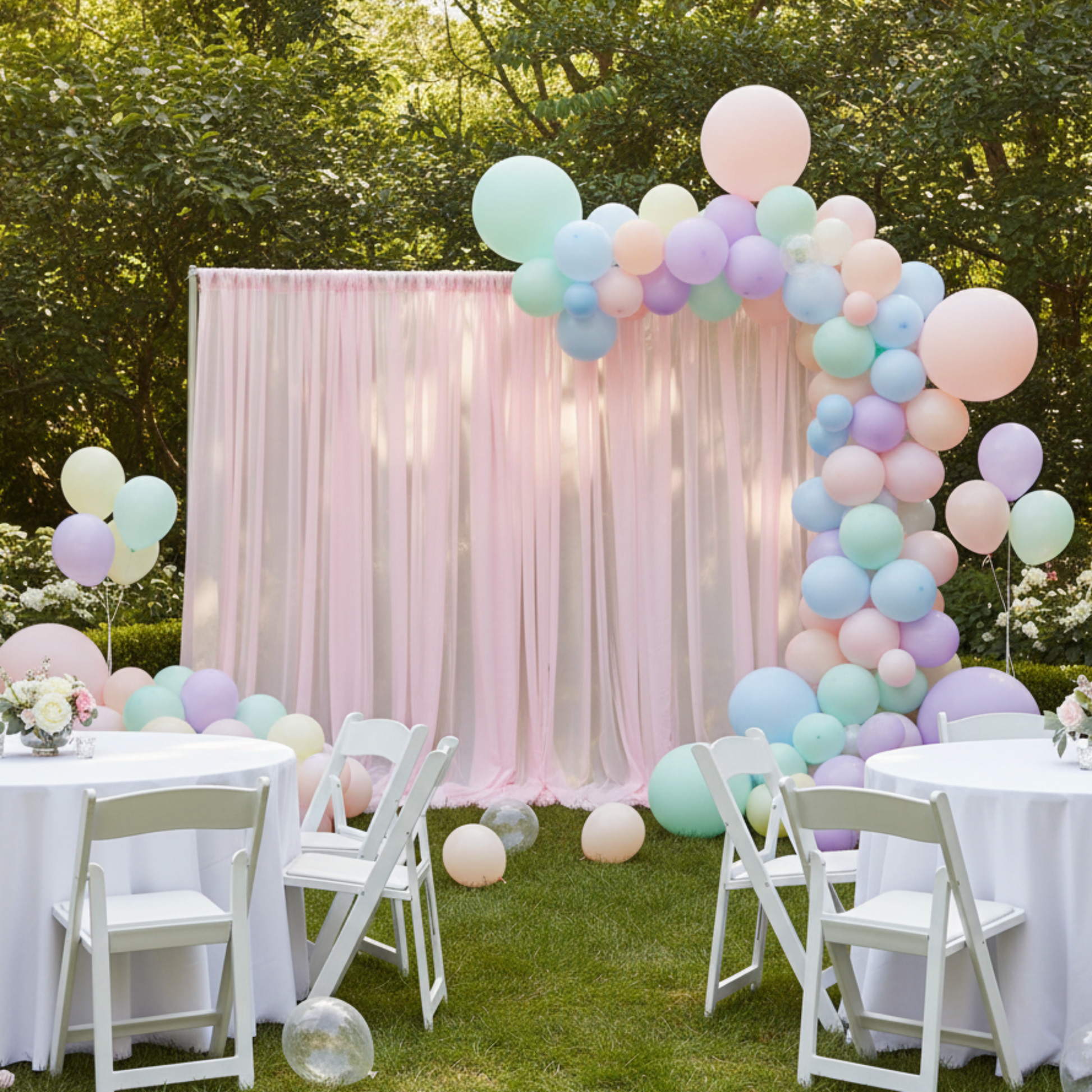Outdoor baby shower with pink voile drape