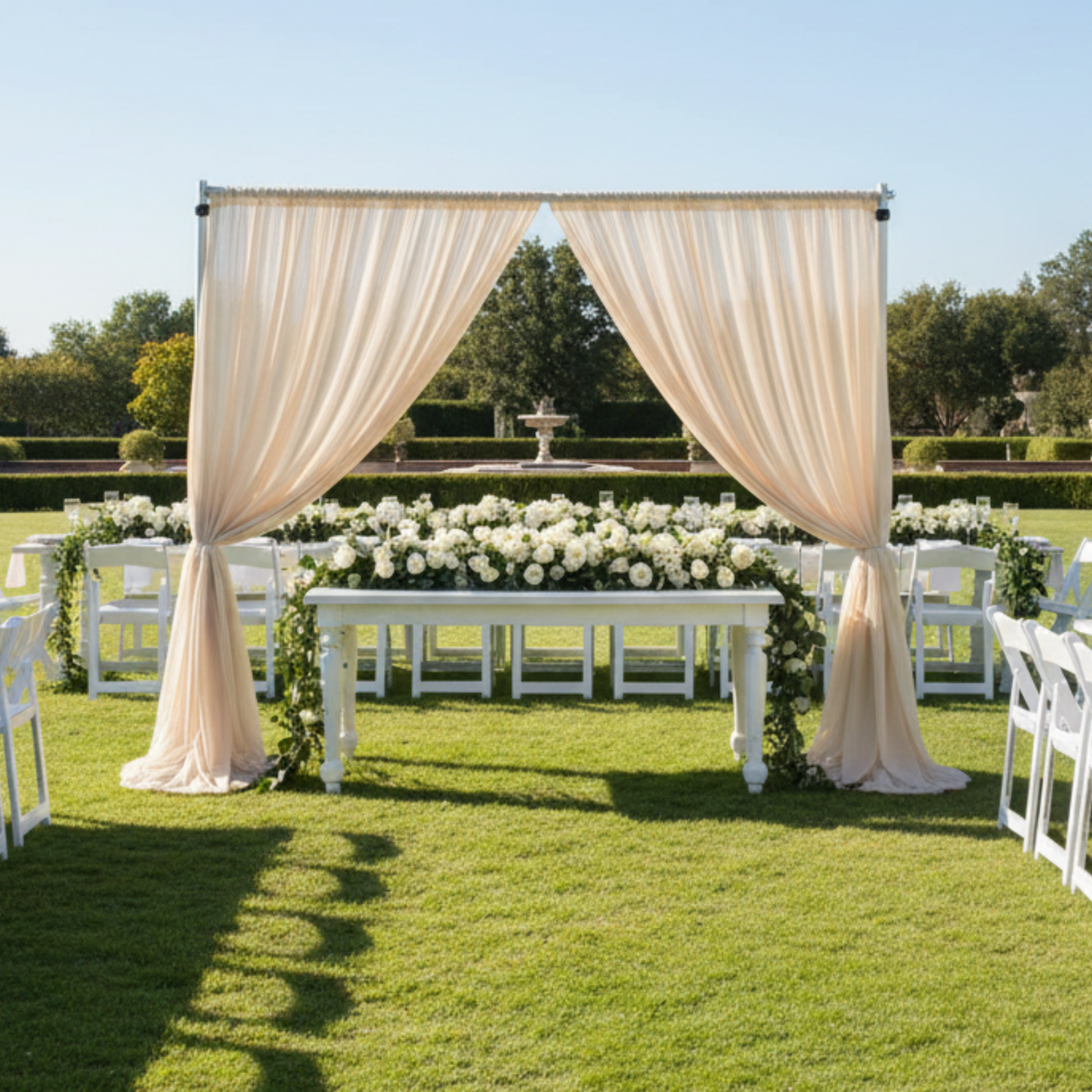 Outdoor Morning Estate Lawn Wedding Reception with Champagne Chiffon Drapes