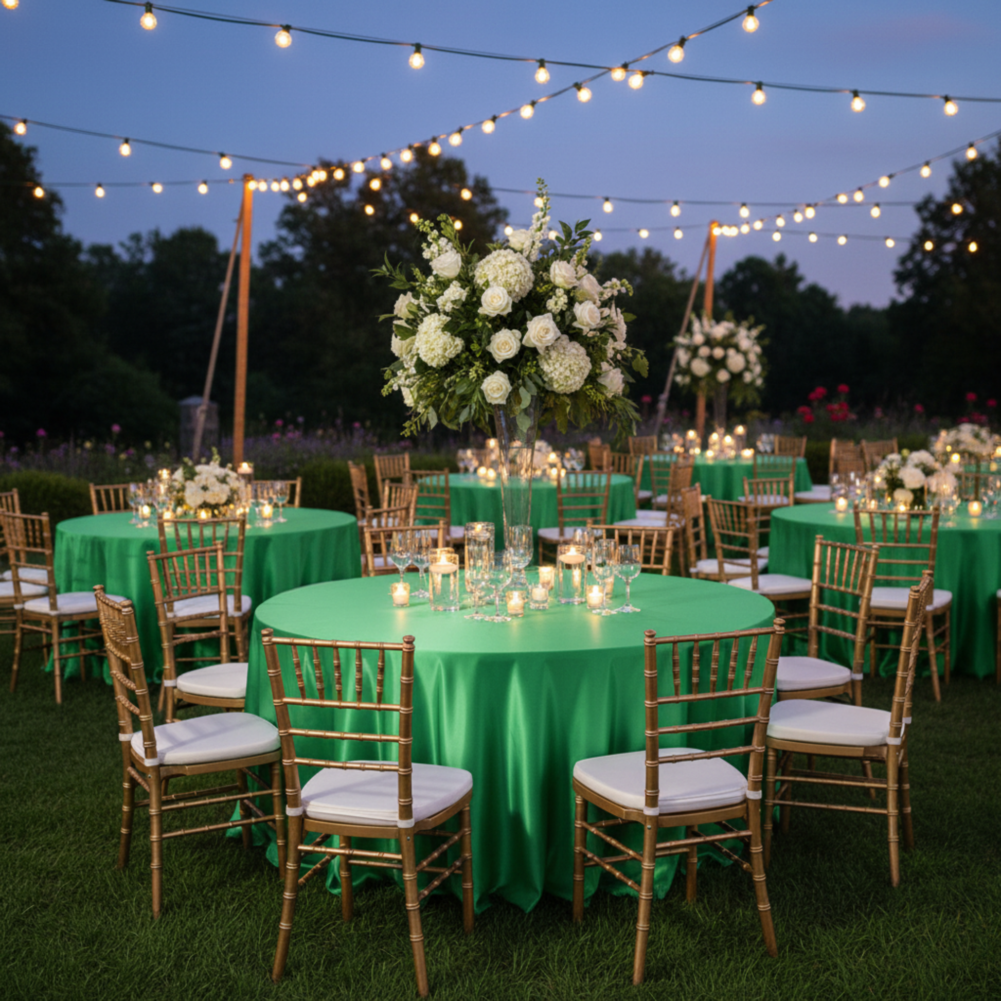 Outdoor Evening Gala - Kelly Green Satin Tablecloth