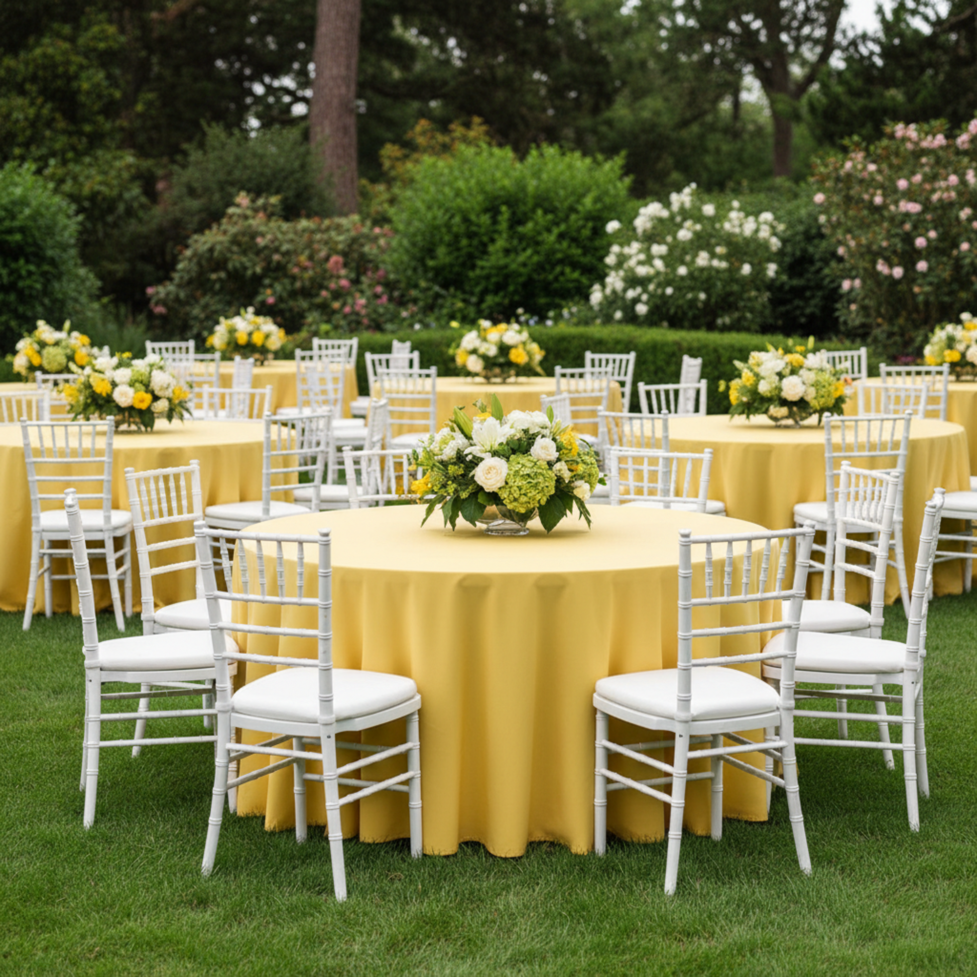 Outdoor Event Setting Canary Yellow Premium Polyester 108" Round Tablecloth 