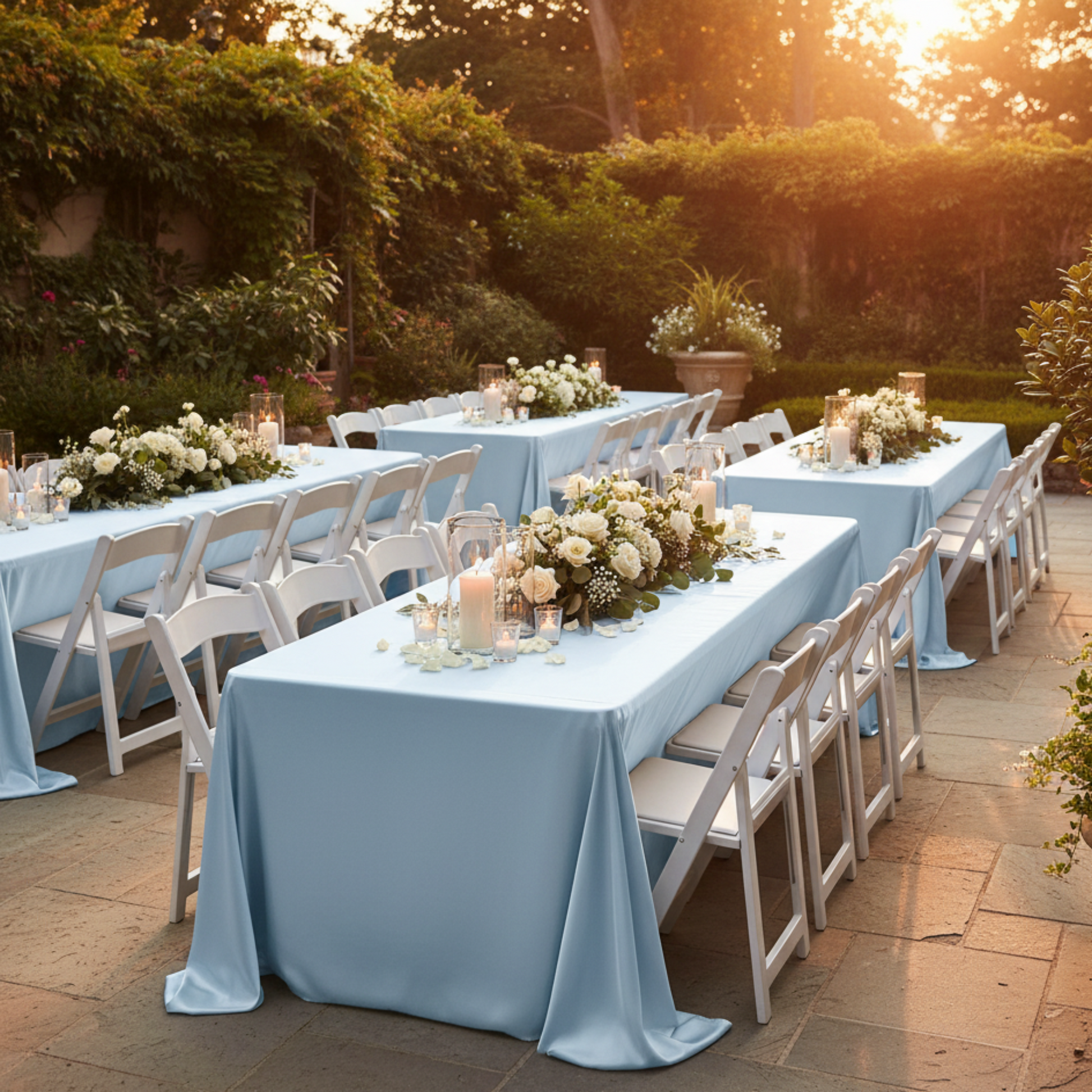 Outdoor Event Setup - Baby Blue Satin Tablecloth