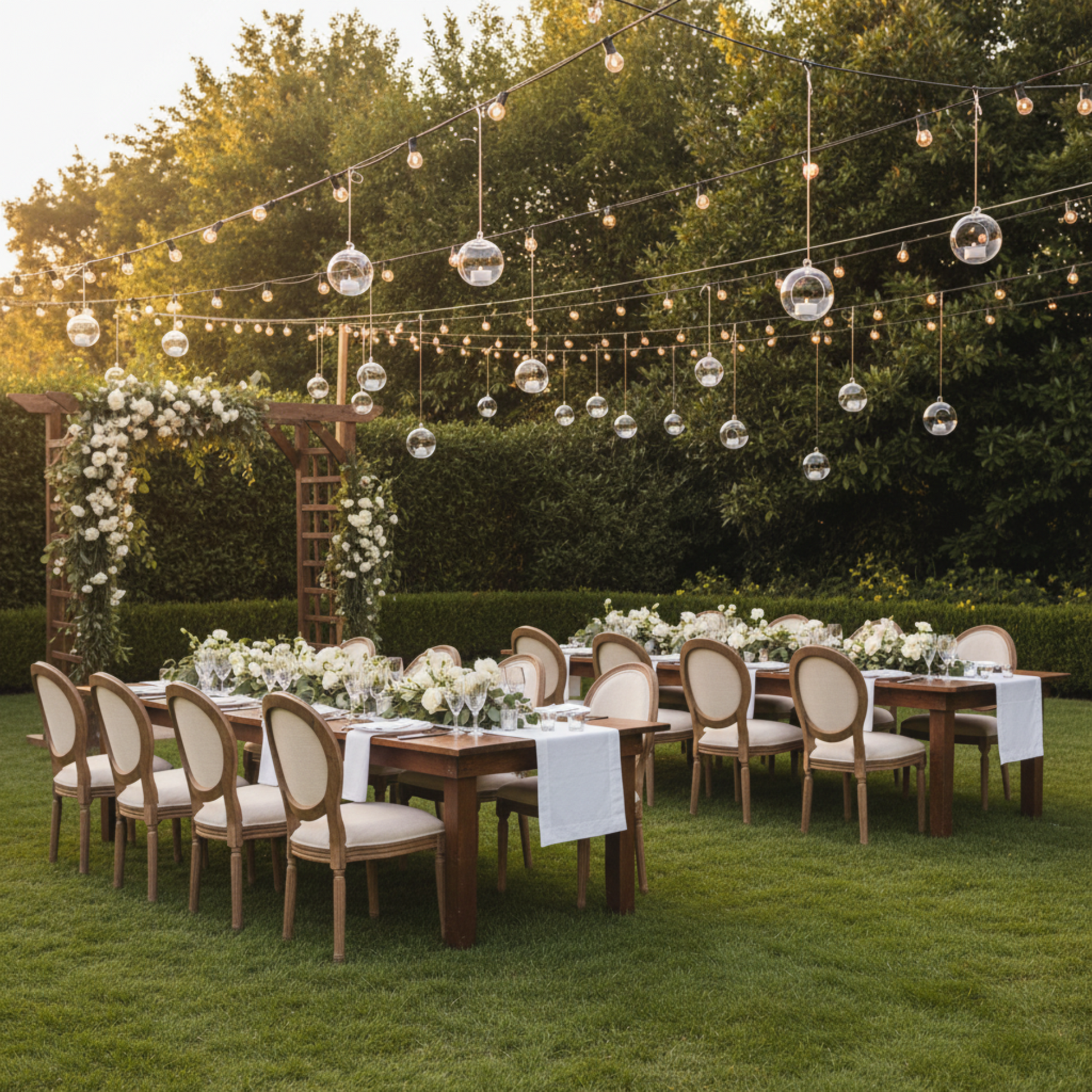 Outdoor event with hanging glass globe tealight holders
