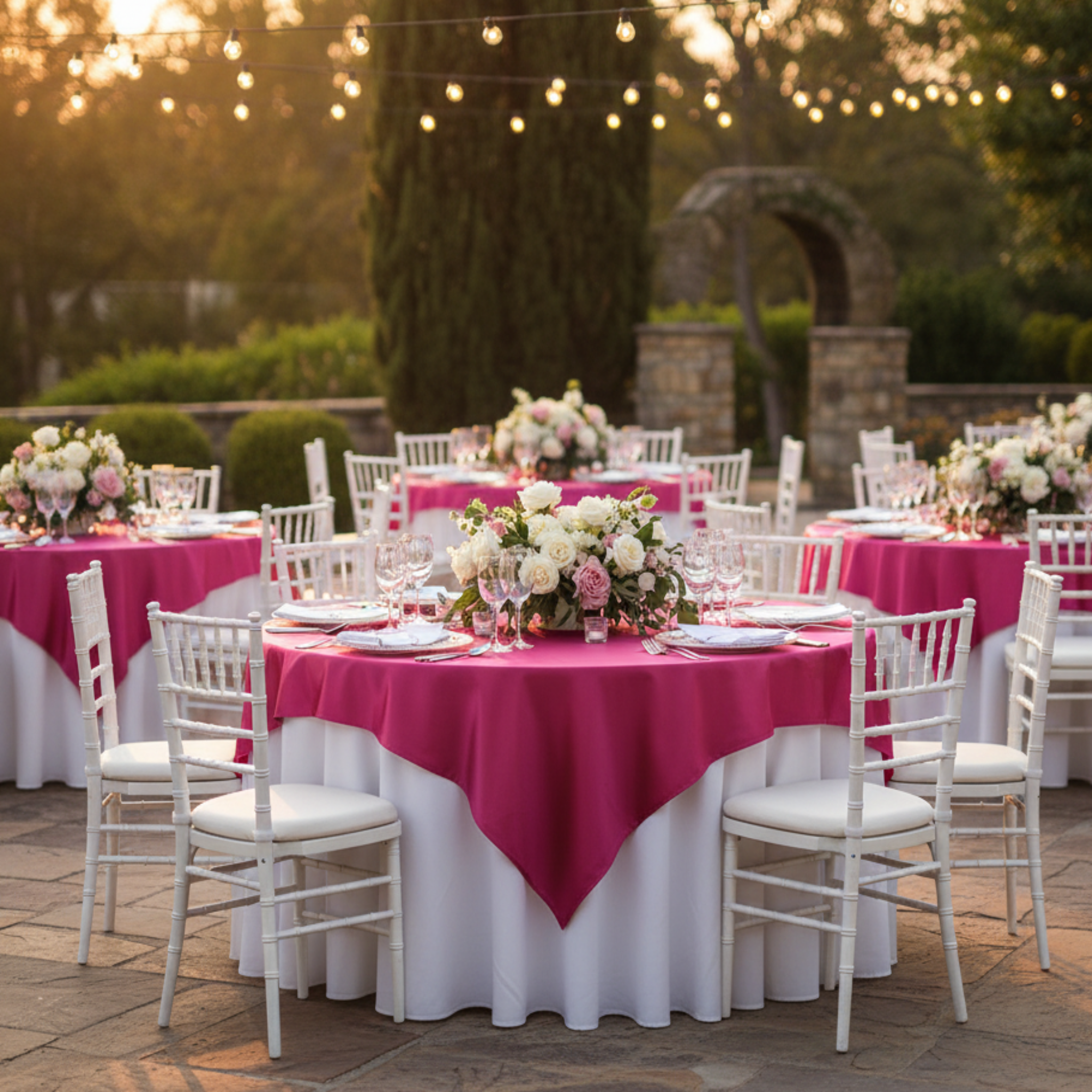 Outdoor Formal Reception – Fuchsia Square 72x72 Satin Table Overlay 