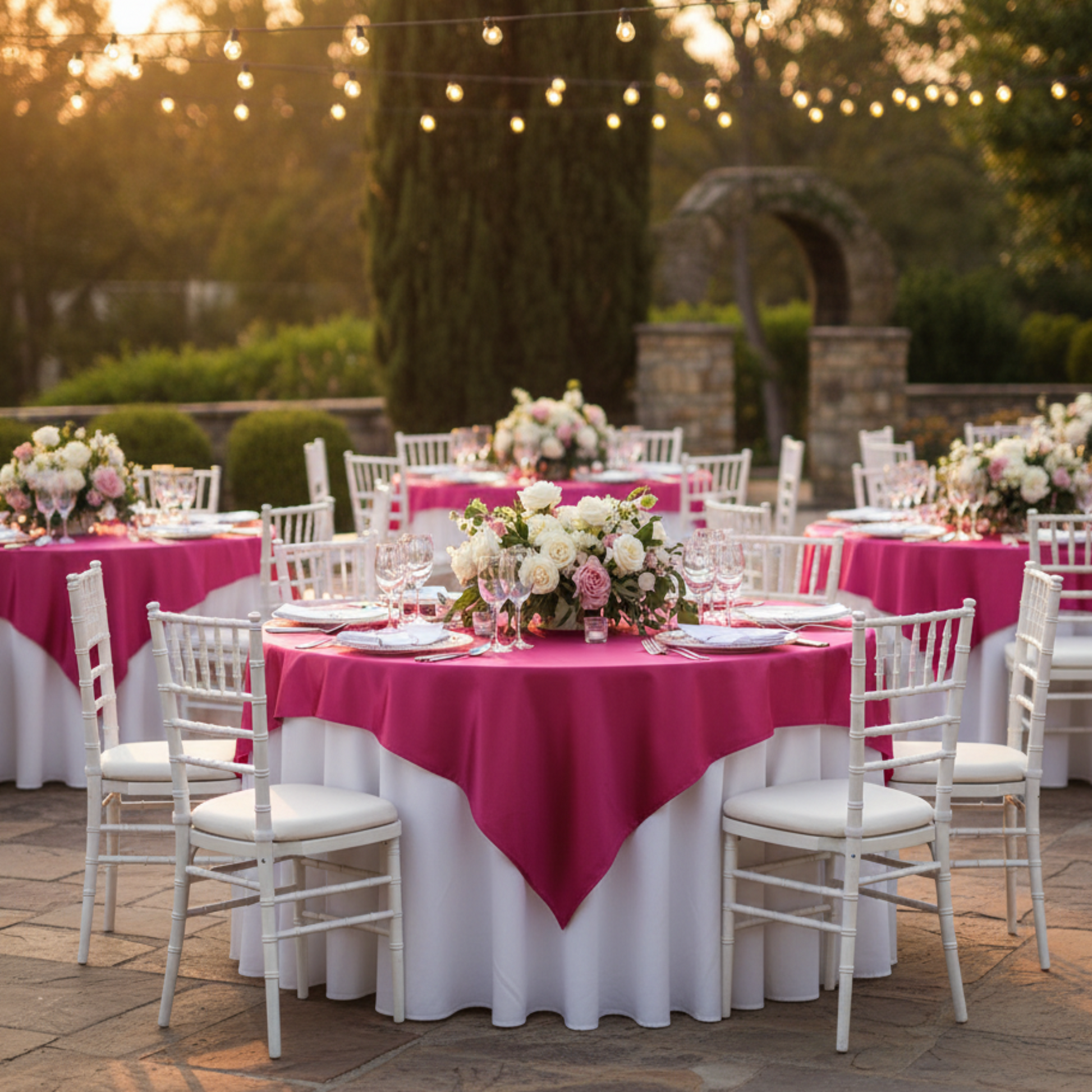 Outdoor Formal Reception – Fuchsia Square 72x72 Satin Table Overlay 