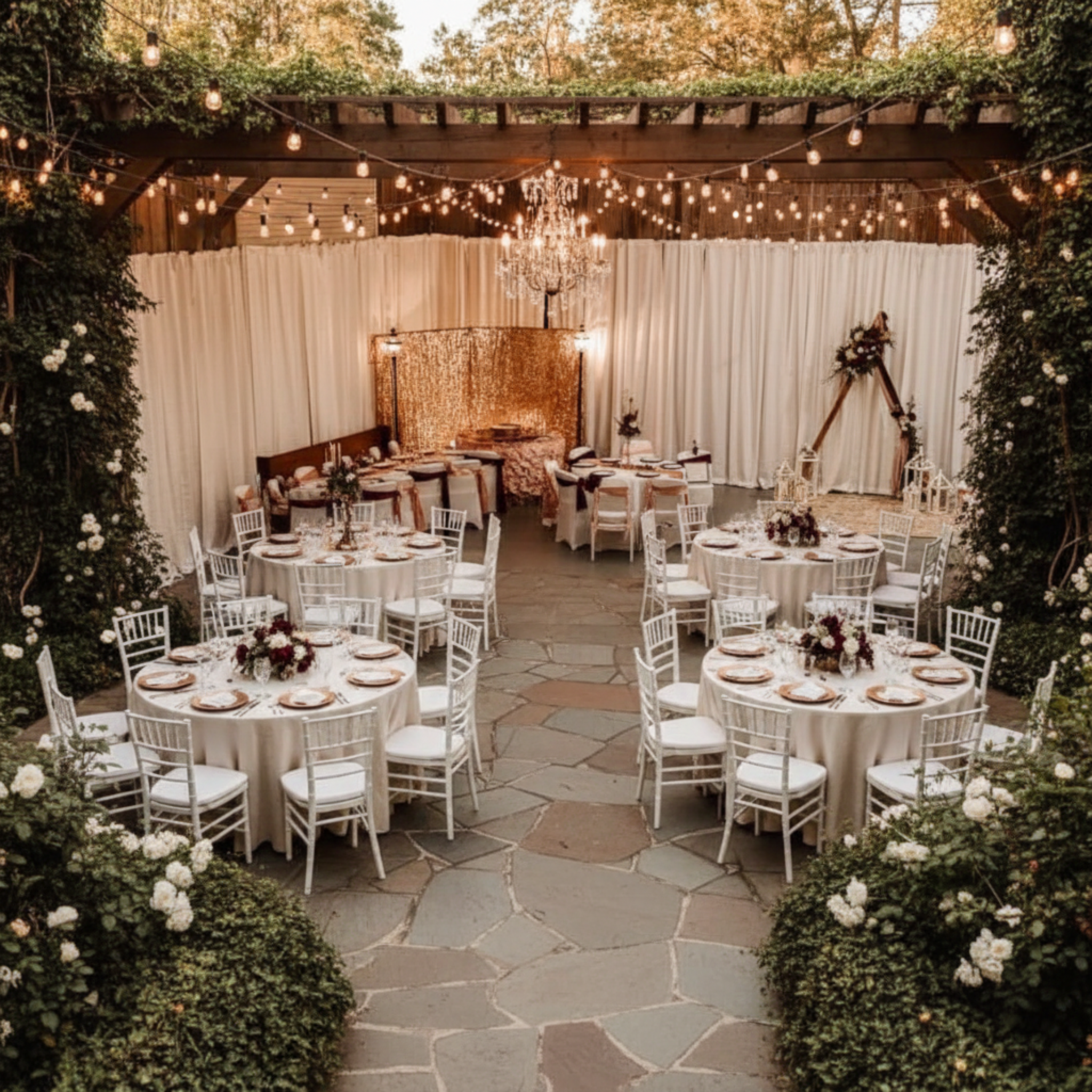 Outdoor Formal Reception with White 14ft Poly Premier Fire Retardant Drape Backdrop
