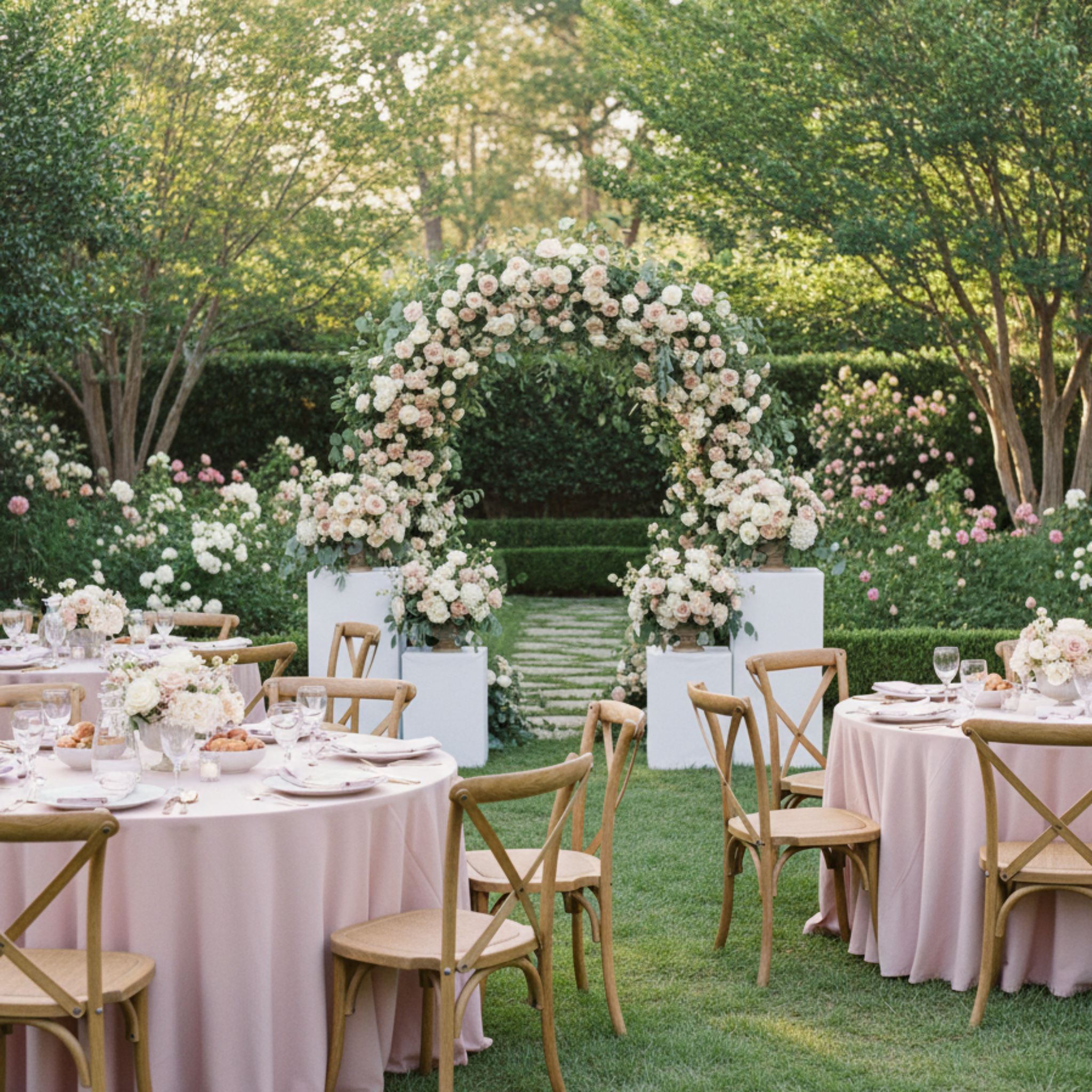Outdoor garden brunch with white spandex pedestal stand covers