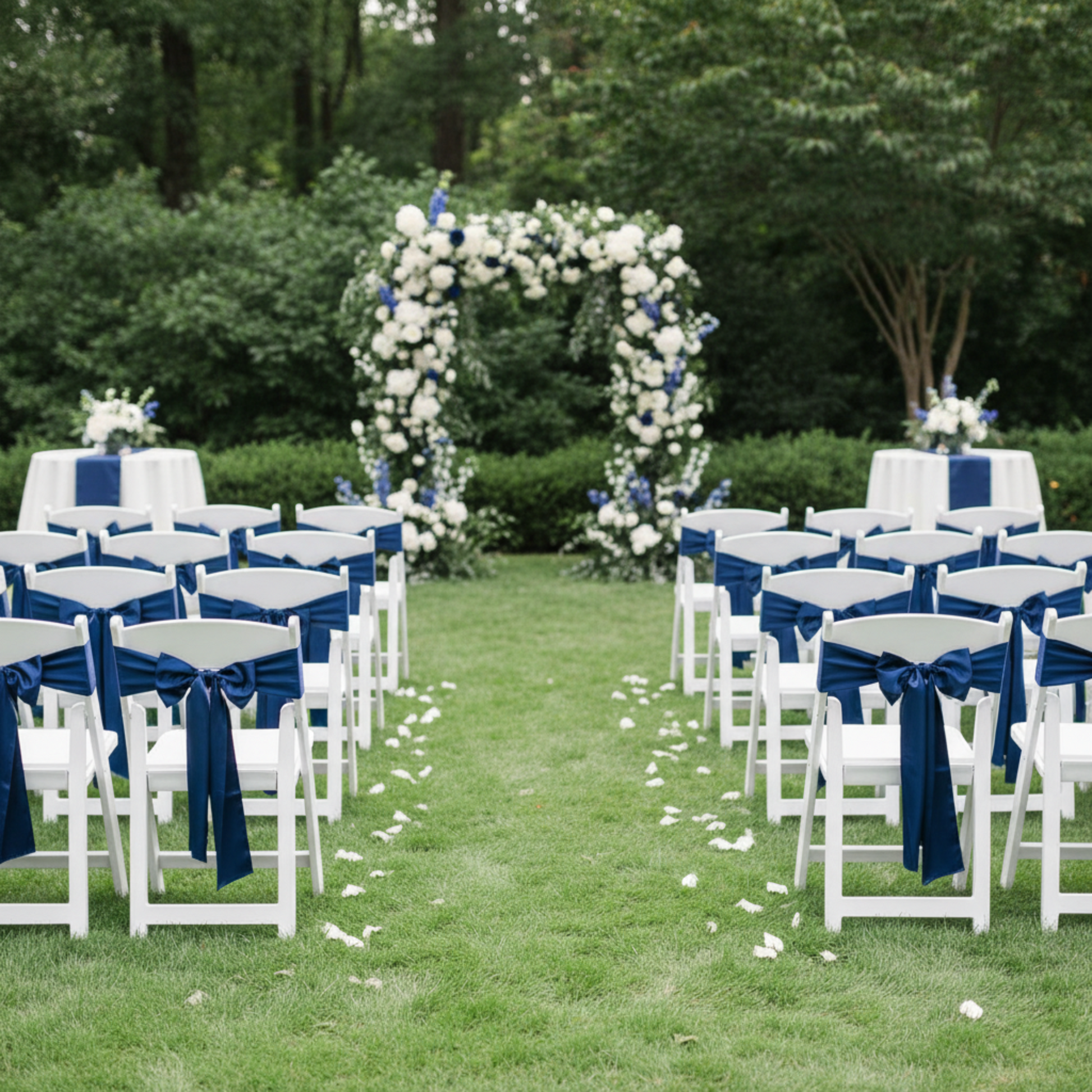 Outdoor Garden Ceremony - Navy Blue Wide Satin Chair Sash 
