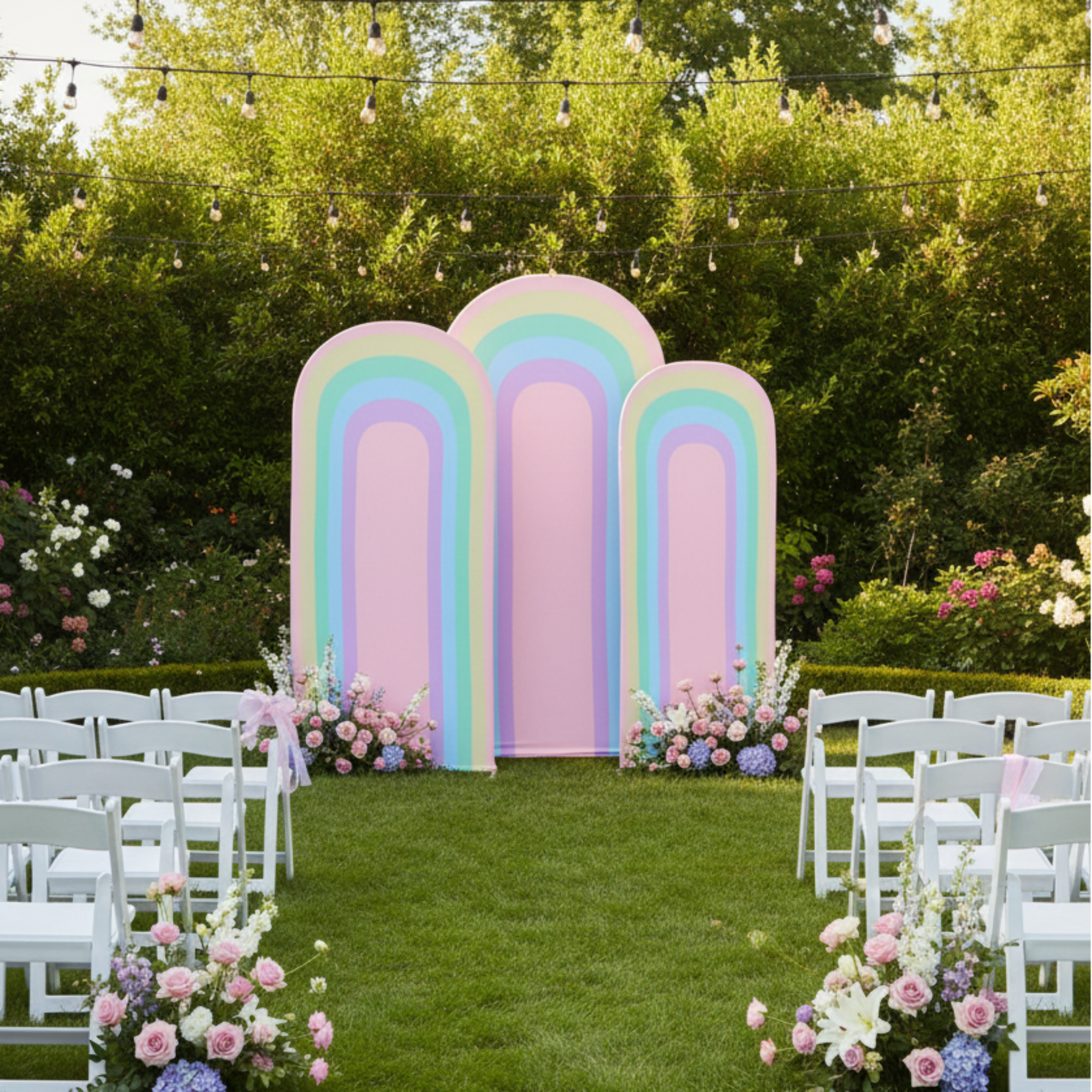 Outdoor Garden Ceremony - Pastel Rainbow Trio Arch