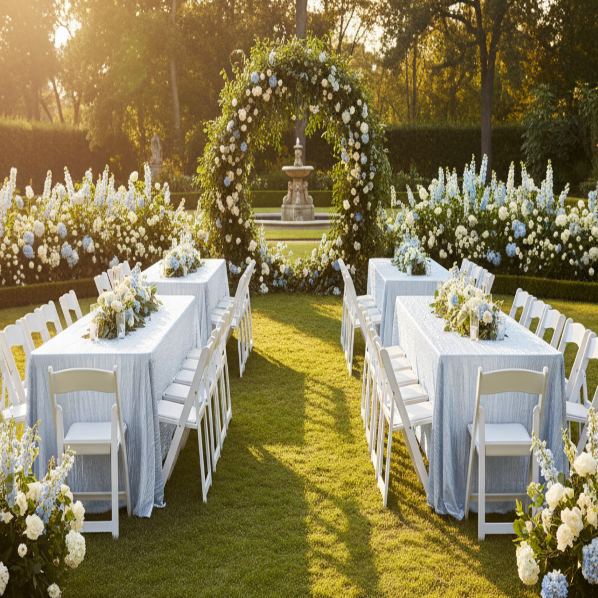 Outdoor garden event with dusty blue accordion crinkle taffeta tablecloths