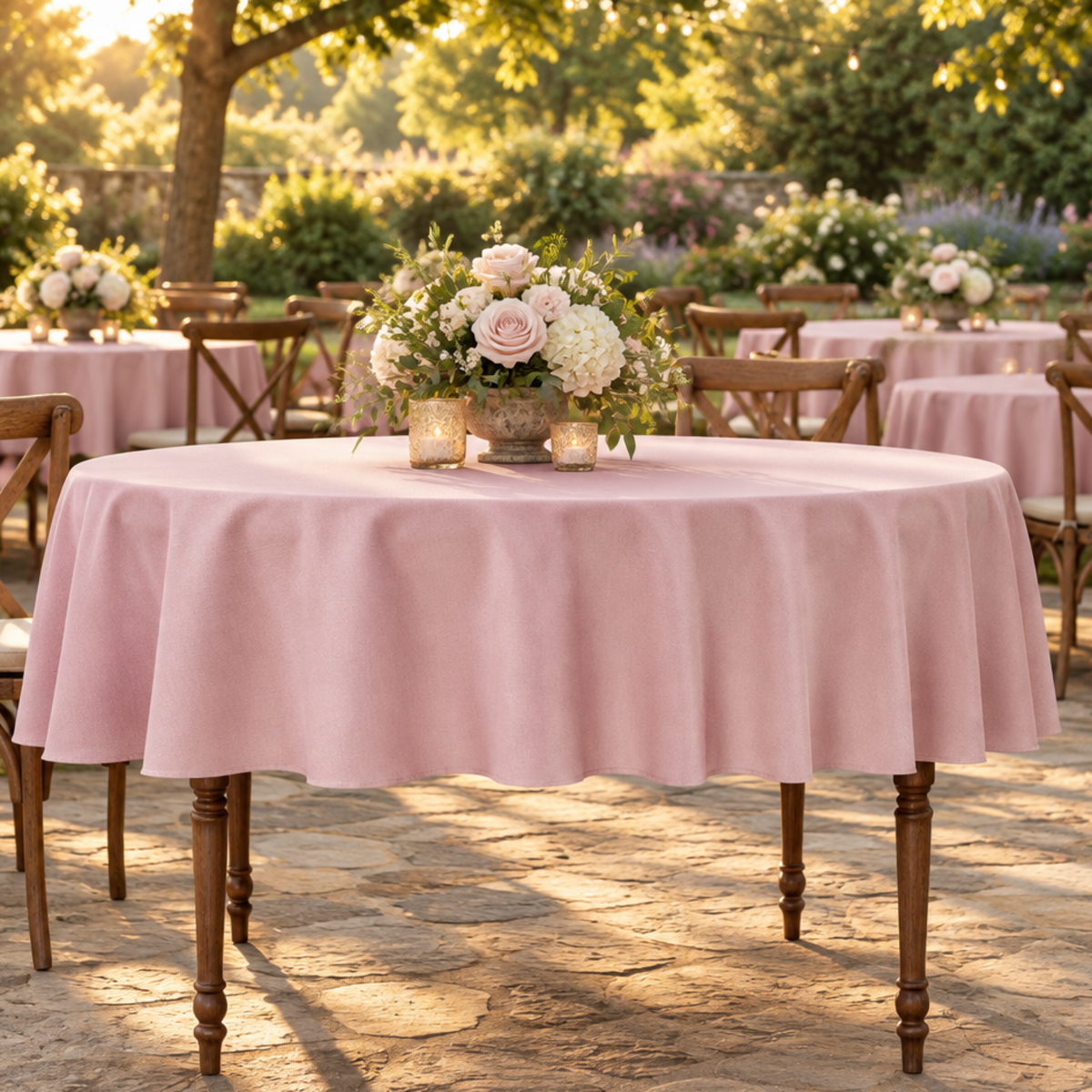 Outdoor garden with matching dusty rose tablecloths on turned spindle-leg tables, low side angle