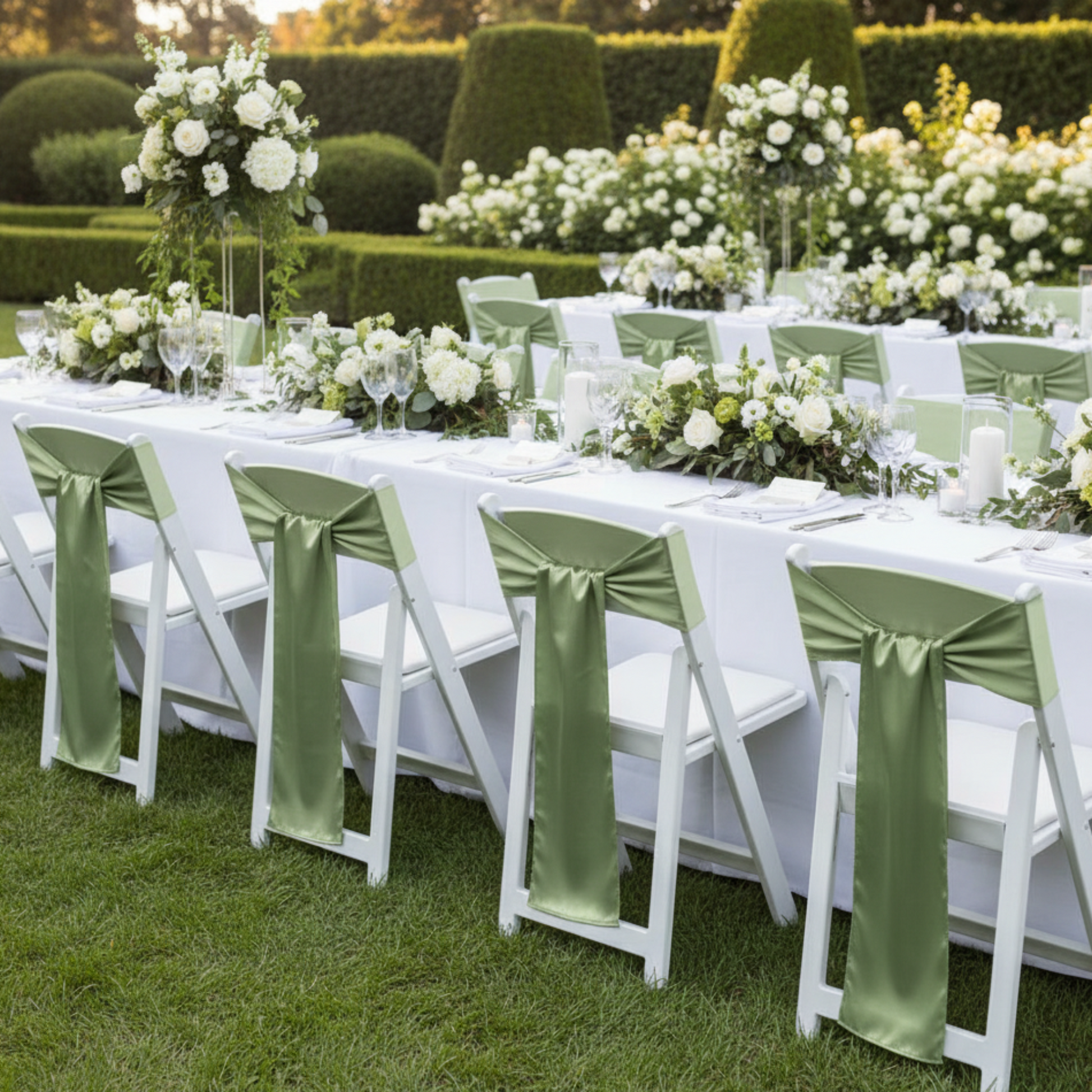 Outdoor garden estate wedding reception with willow green satin chair sashes