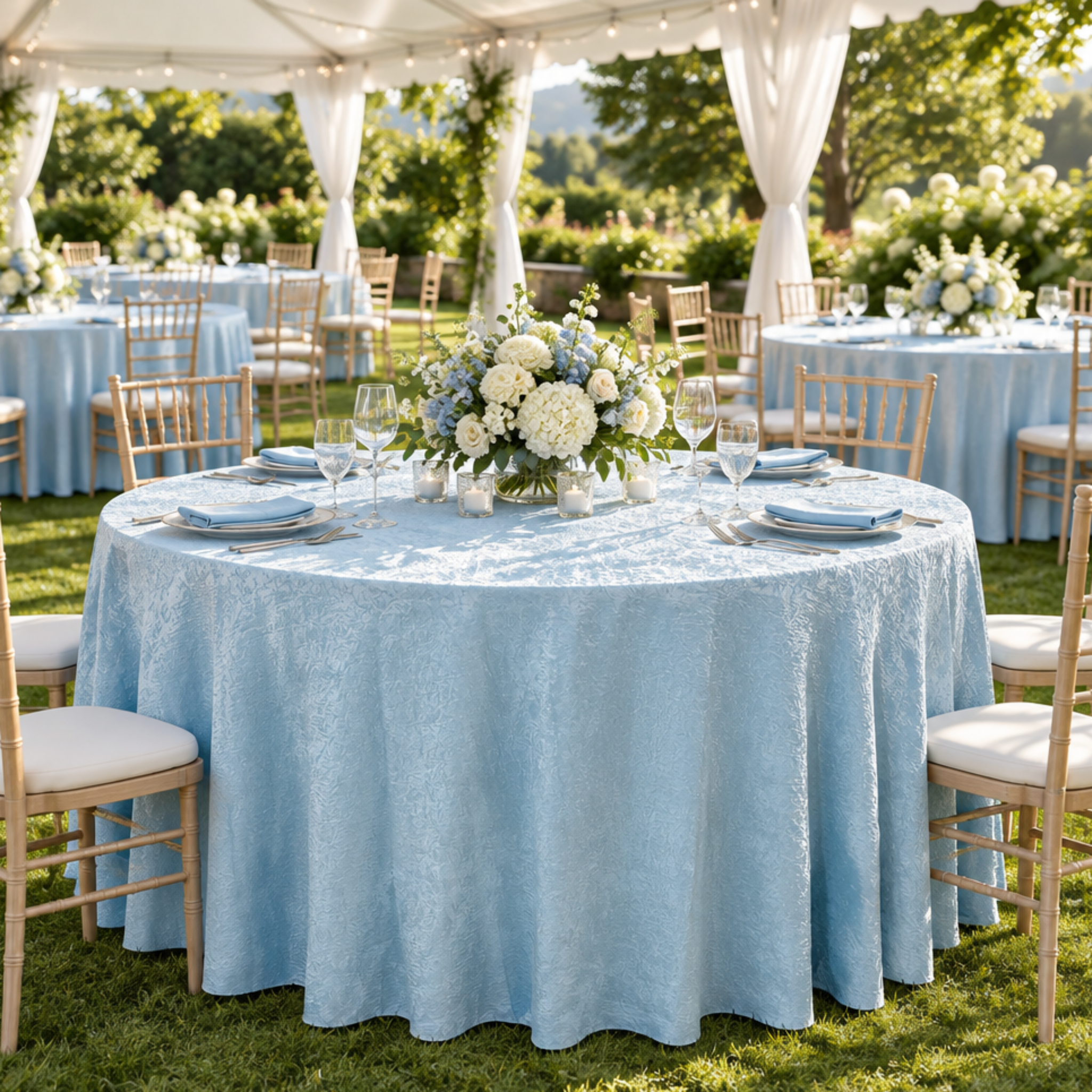 Outdoor garden event with baby-blue tablecloth