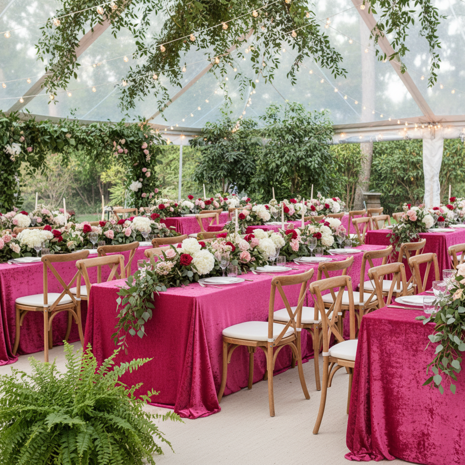 Outdoor Garden Event Fuchsia Velvet Tablecloth