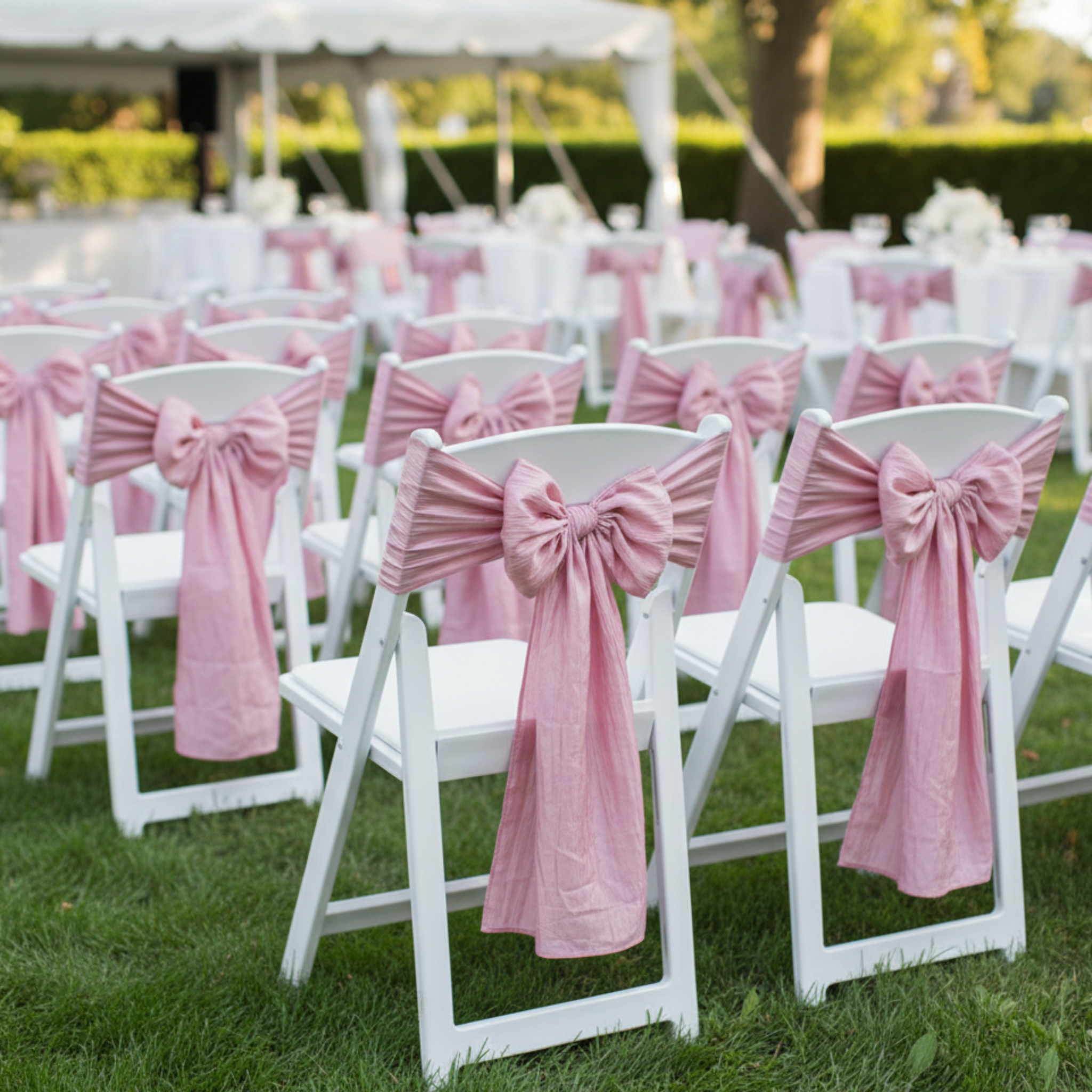 Outdoor garden event with dusty rose pink chair sashes