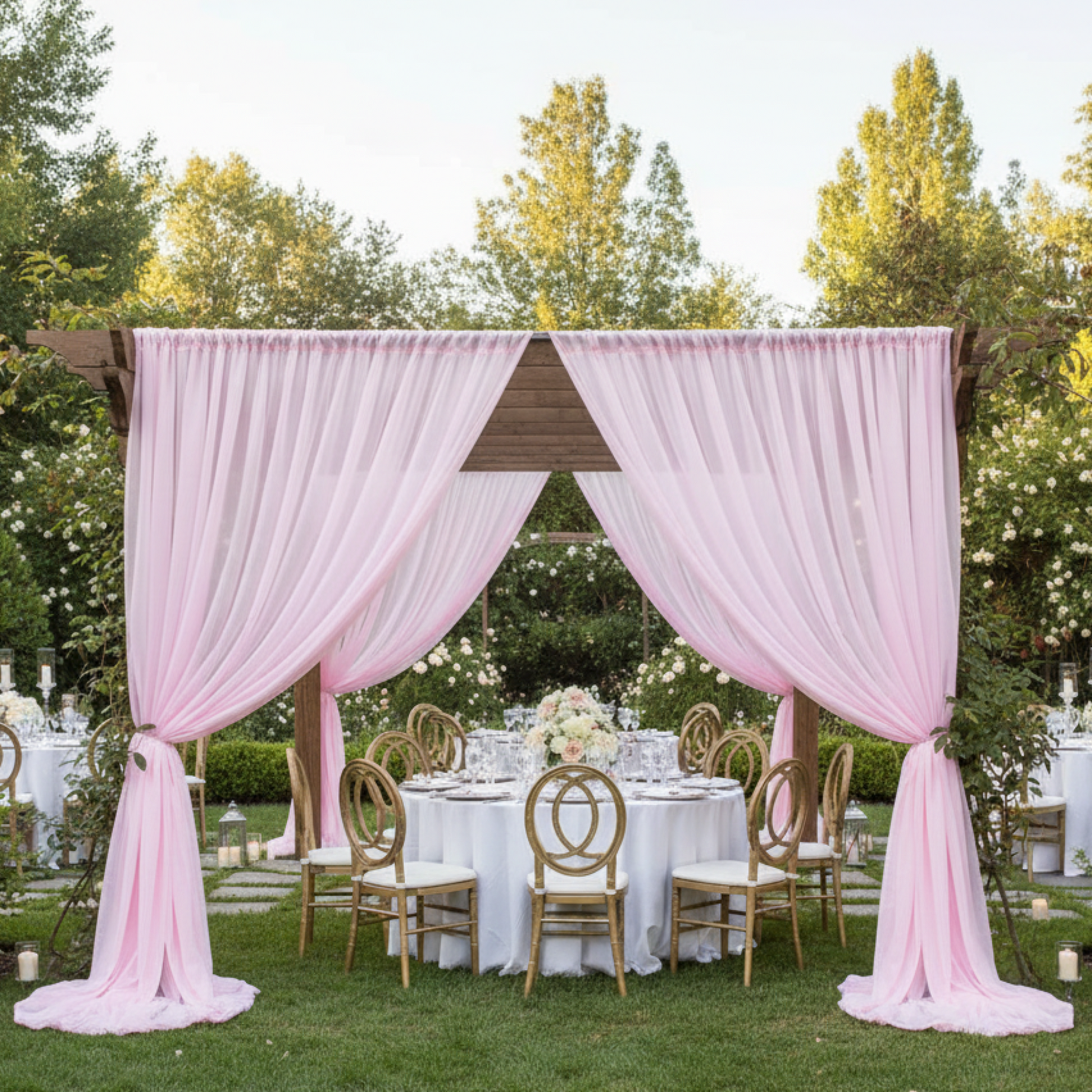 Outdoor garden event with pink voile drapes