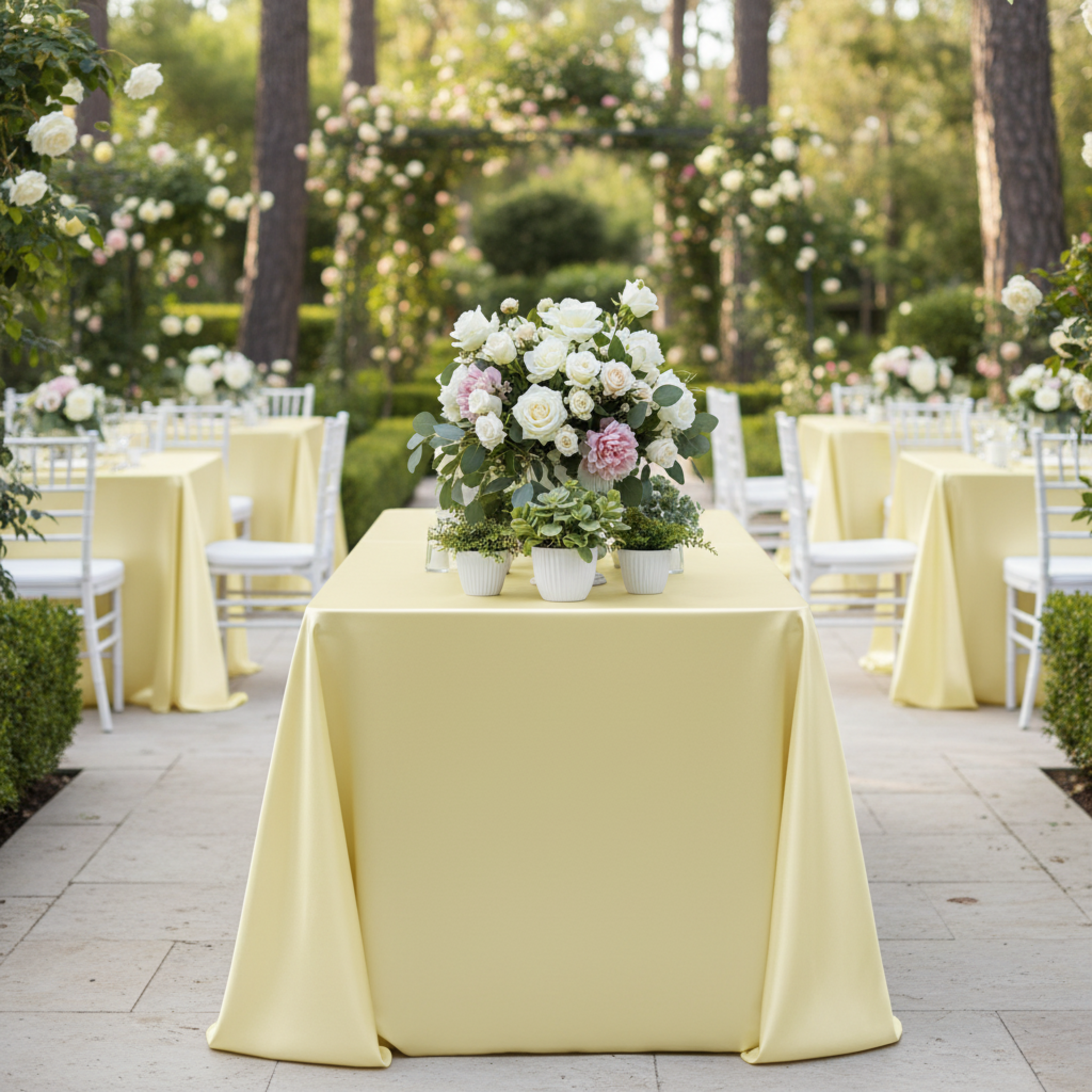 Front view outdoor garden event yellow satin tablecloth