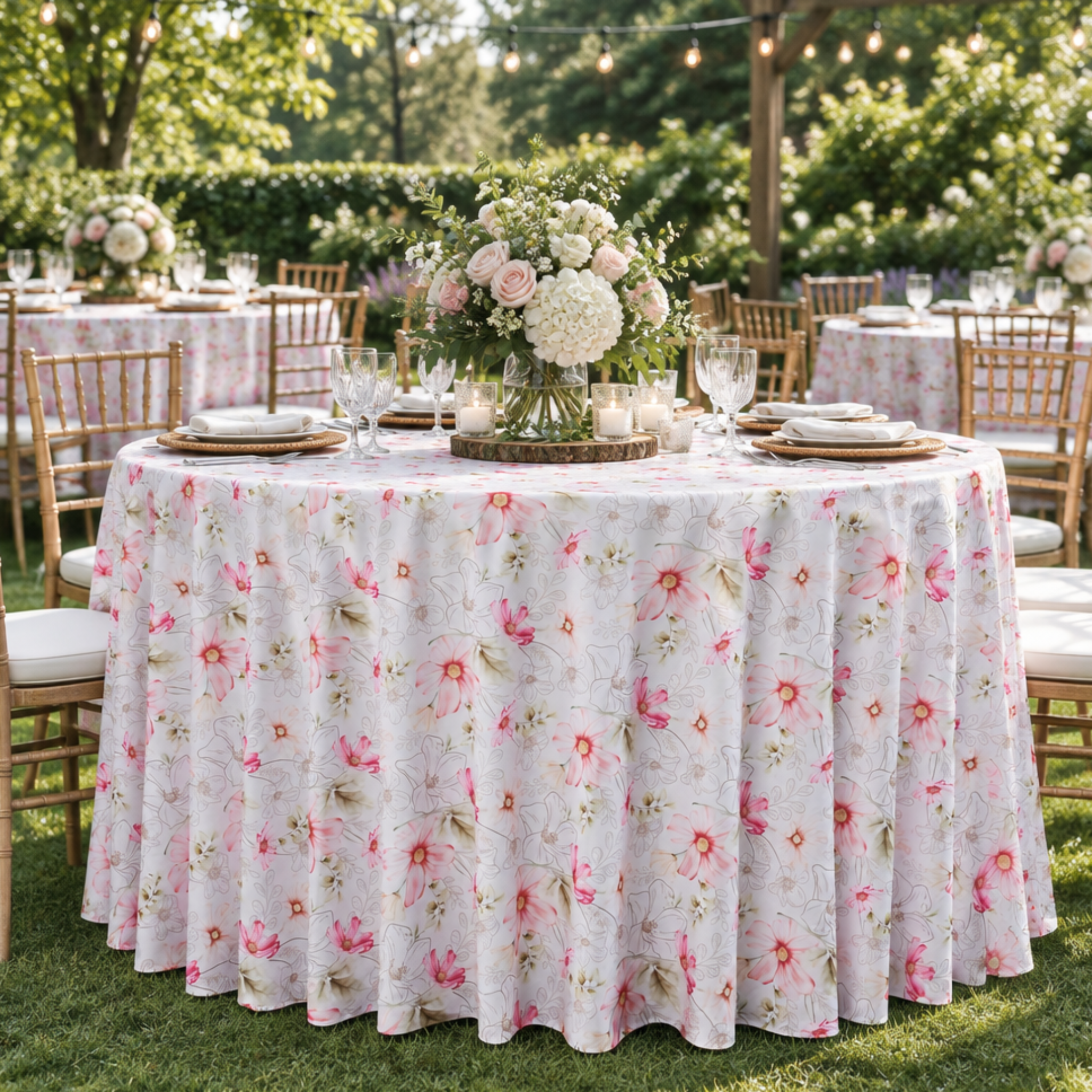 Outdoor garden reception scene with floral haze tablecloth