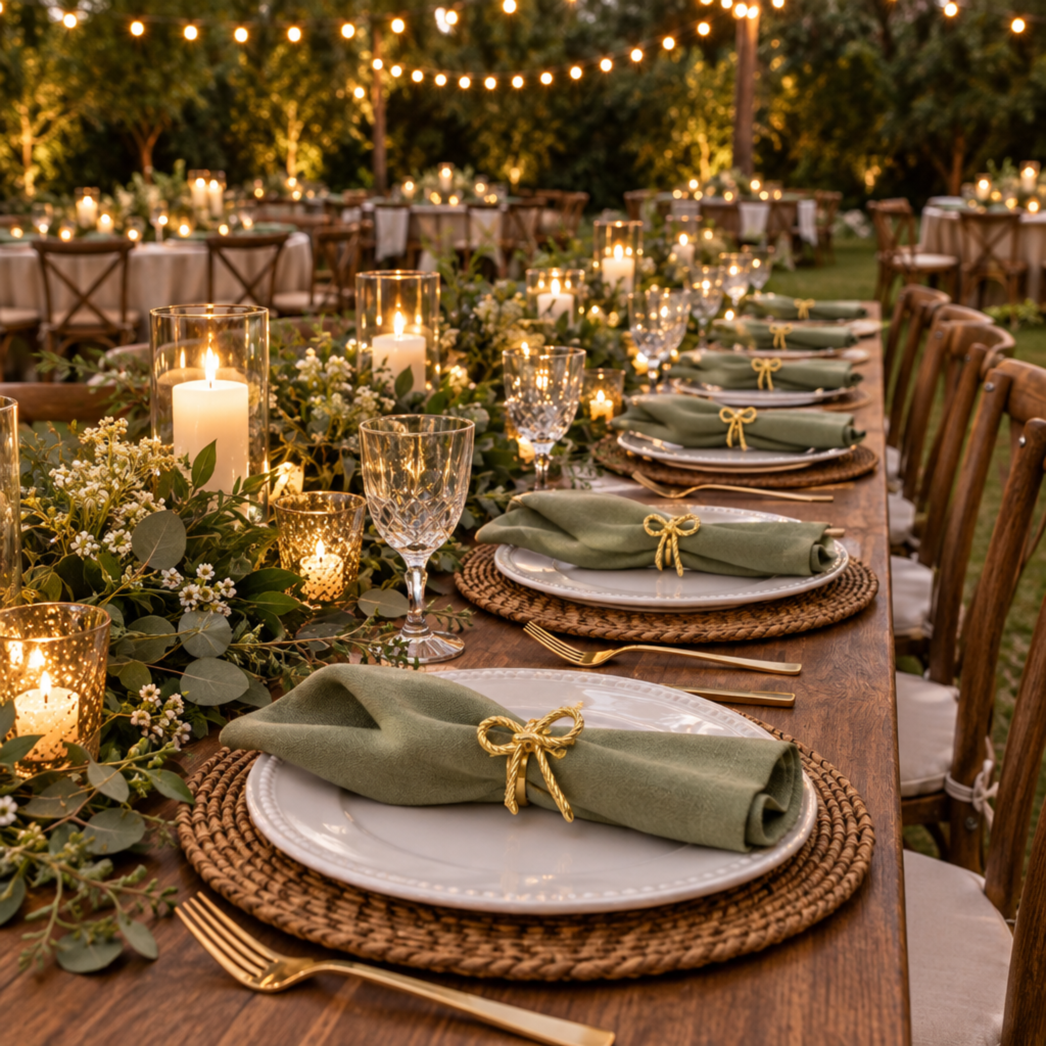 Outdoor garden reception under string lights with gold rope bow napkin rings