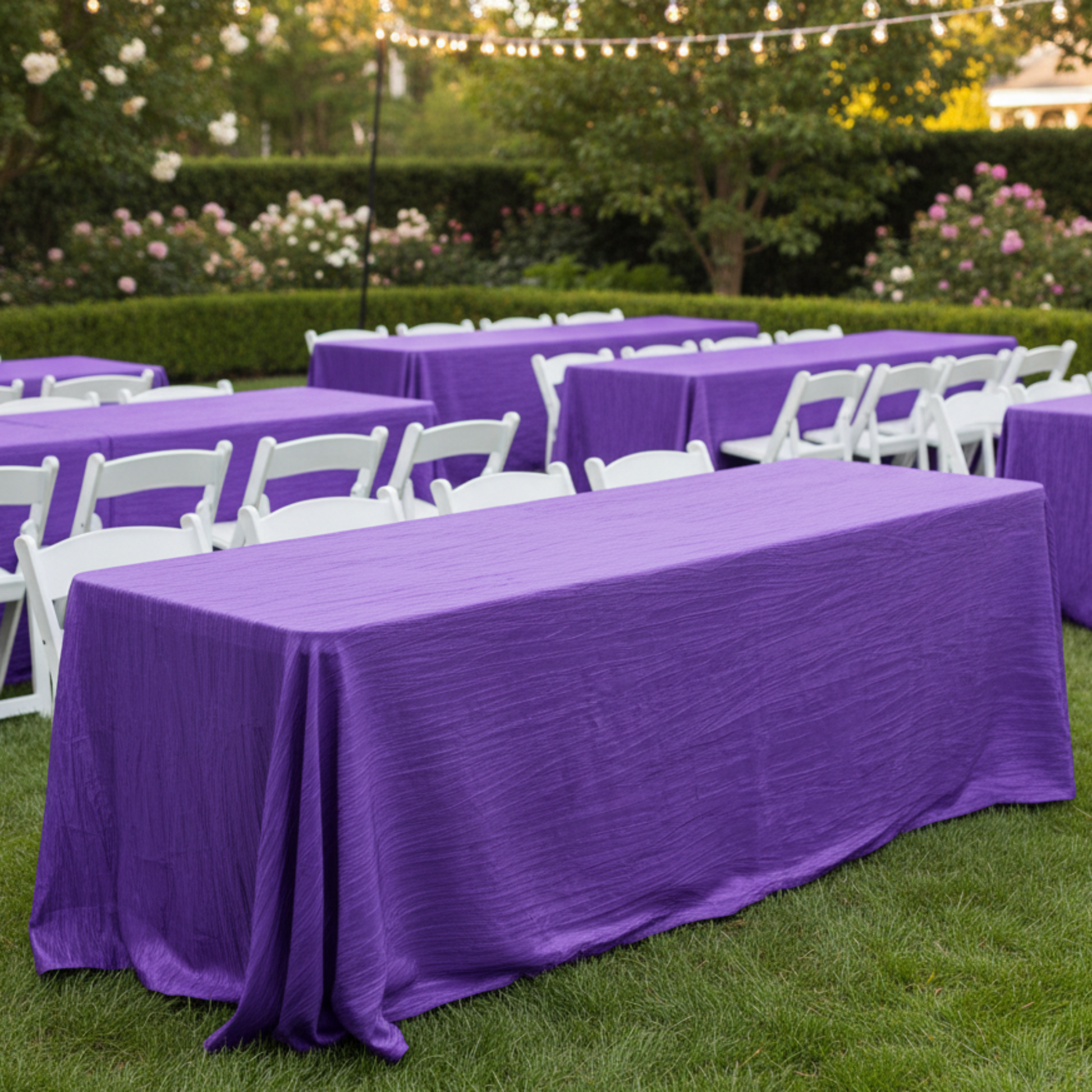 Outdoor Garden Reception – Purple Accordion Crinkle Tablecloth