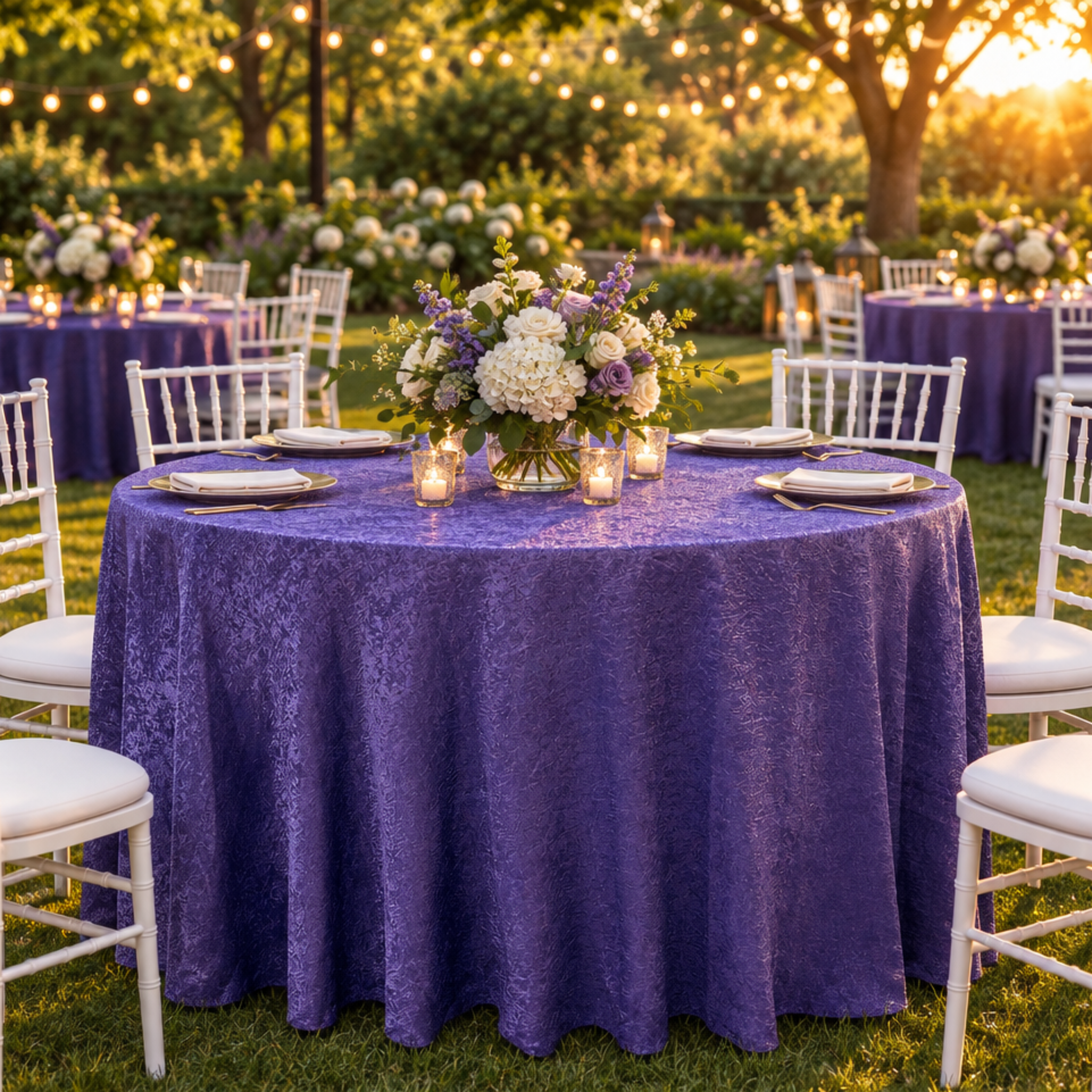 Outdoor garden reception scene with purple crinkle shimmer tablecloth