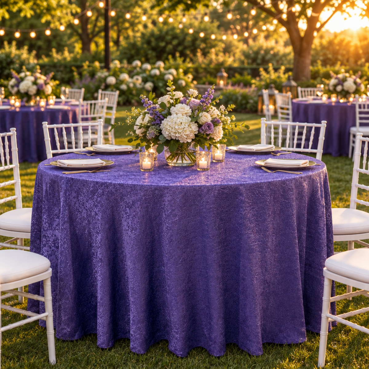 Outdoor garden reception scene with purple crinkle shimmer tablecloth