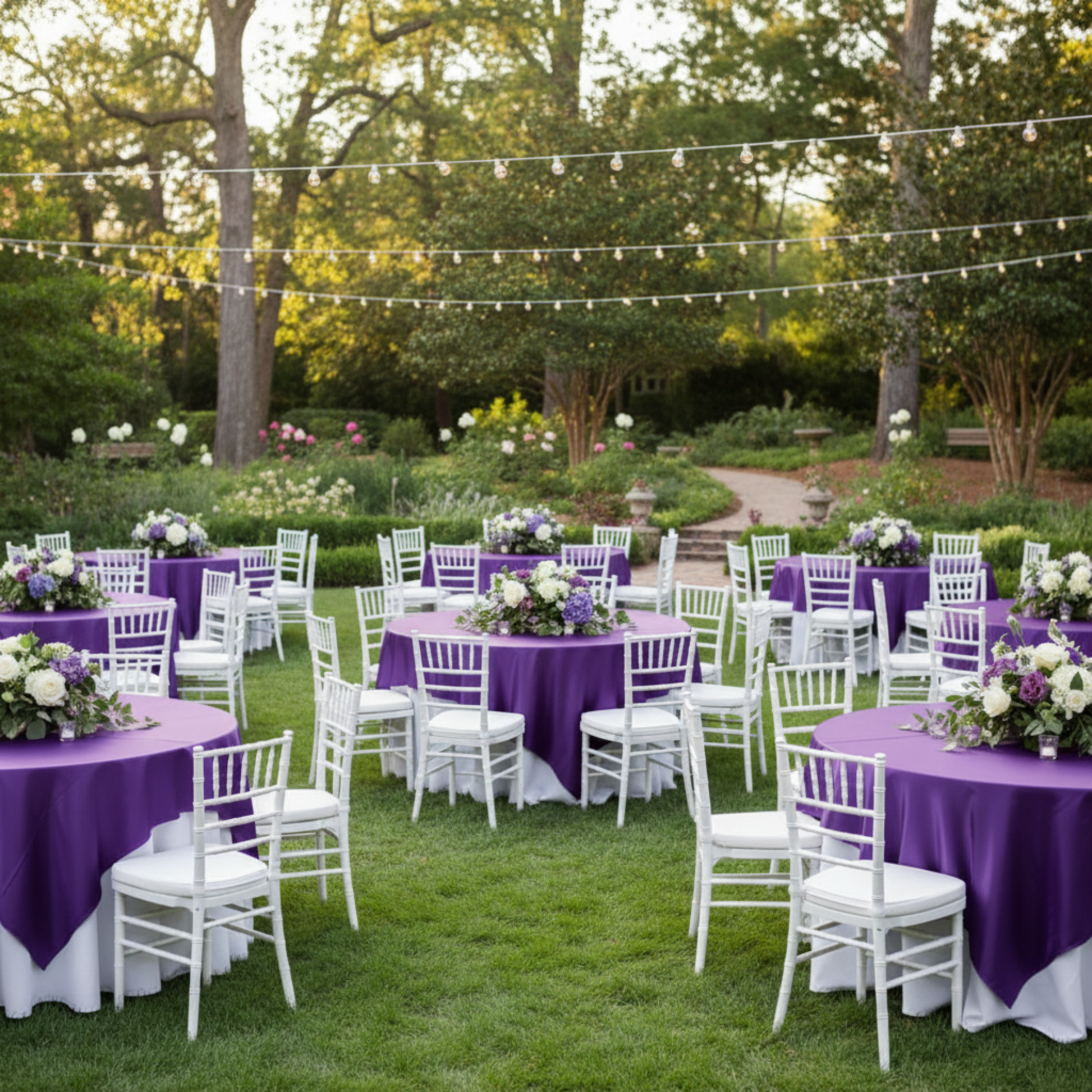 Outdoor garden reception with purple satin overlay