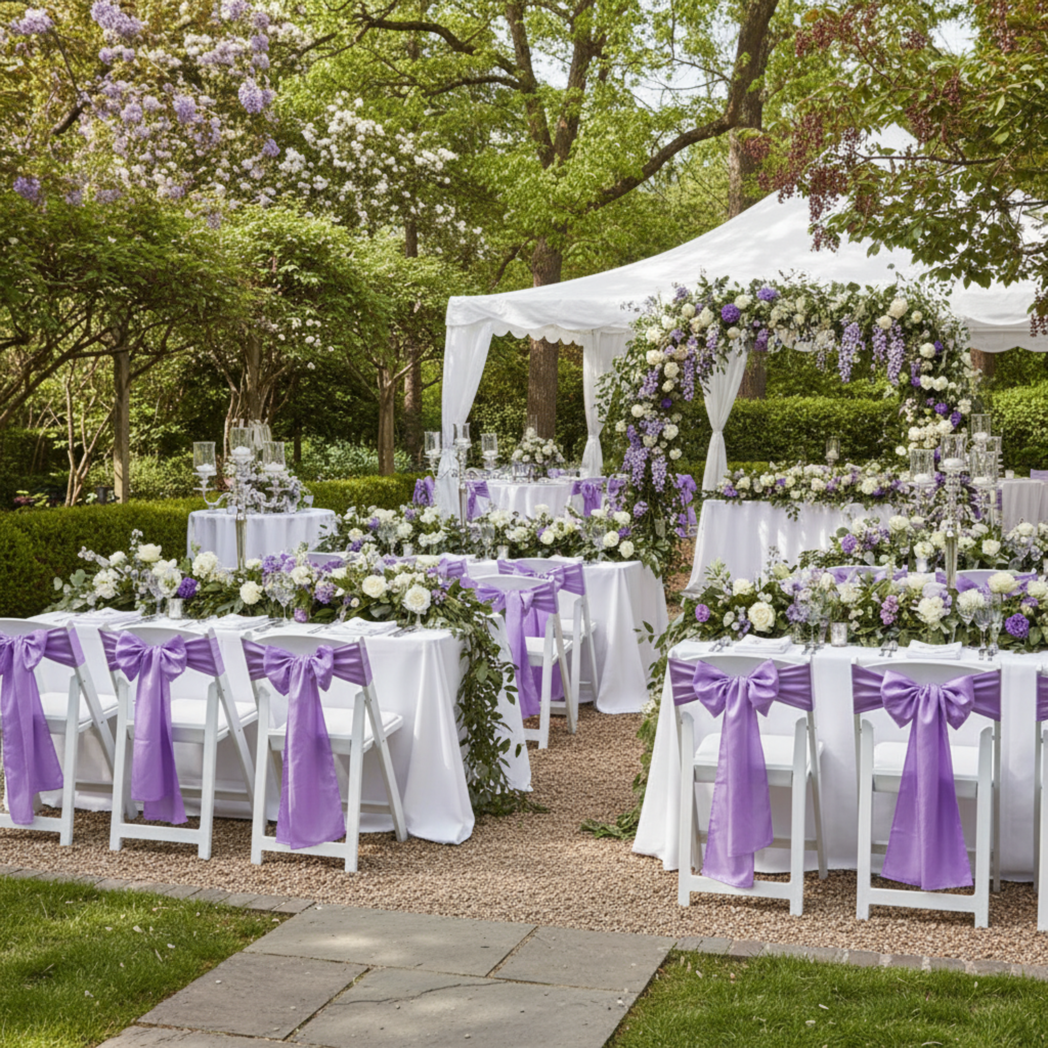 Outdoor garden reception with lilac chair sashes