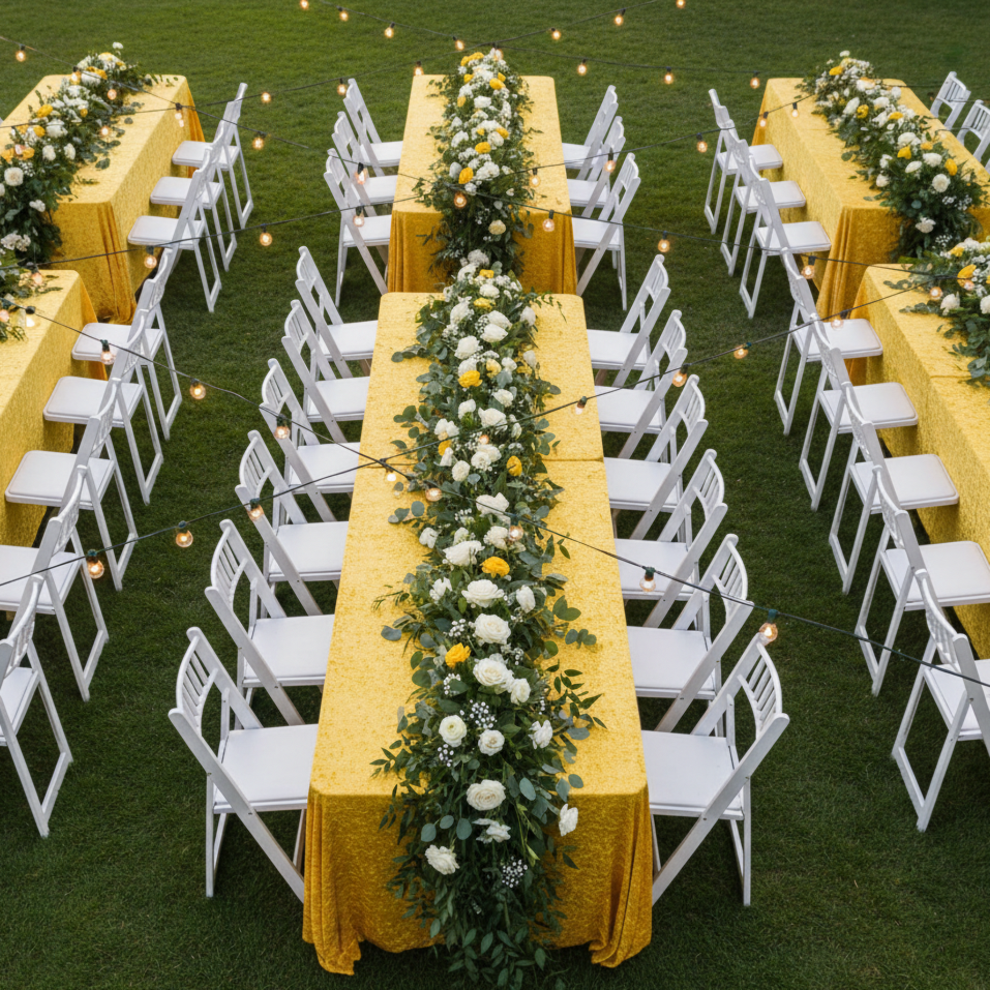 Outdoor Garden Wedding Top View – Canary Yellow Velvet