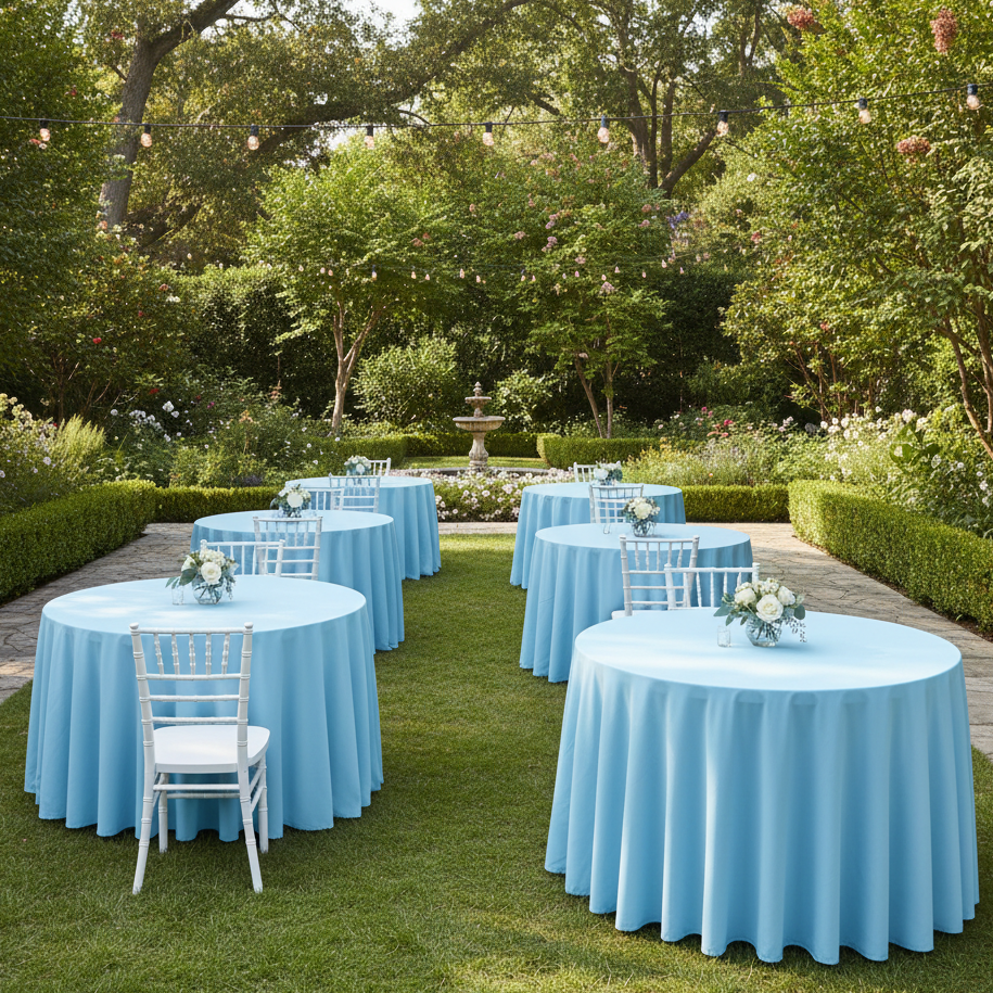 Outdoor garden wedding baby blue scuba tablecloth