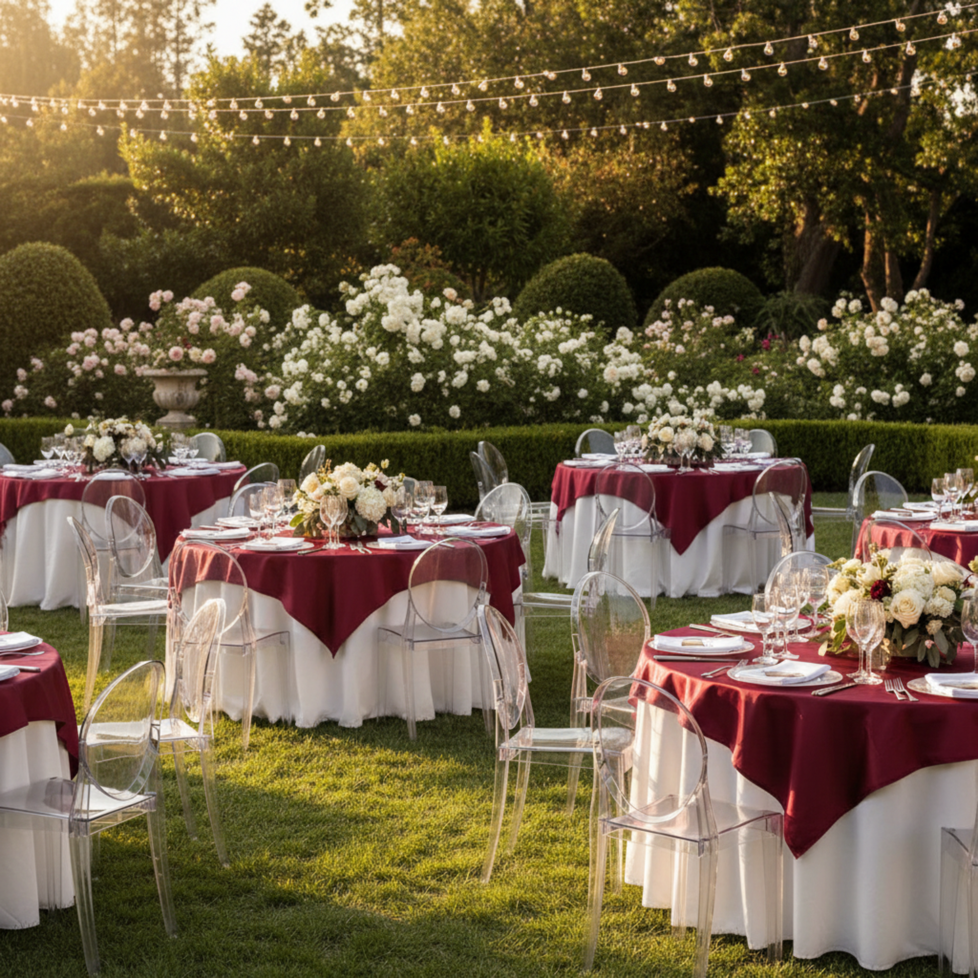 Outdoor Garden Wedding - Burgundy 72x72 Square Satin Table Overlay 