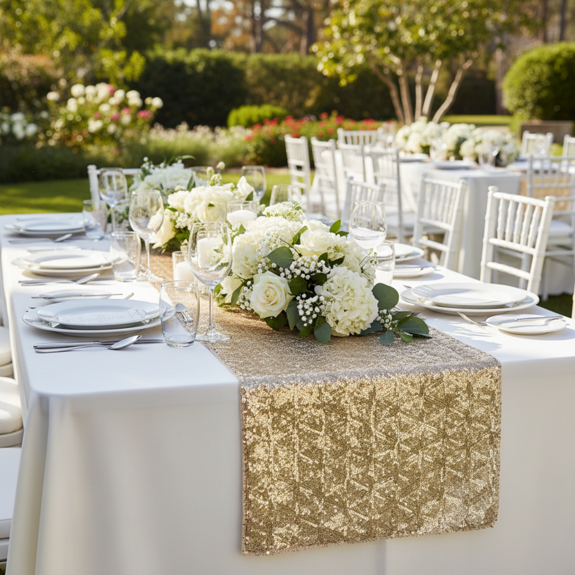 Outdoor garden wedding sequin