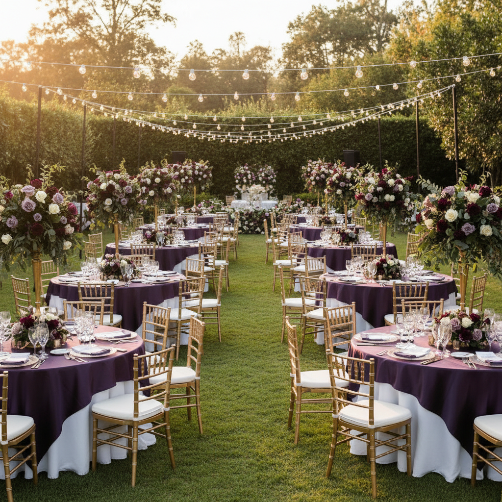 Outdoor Garden Wedding Eggplant/Plum Square 72x72 Satin Table Overlay