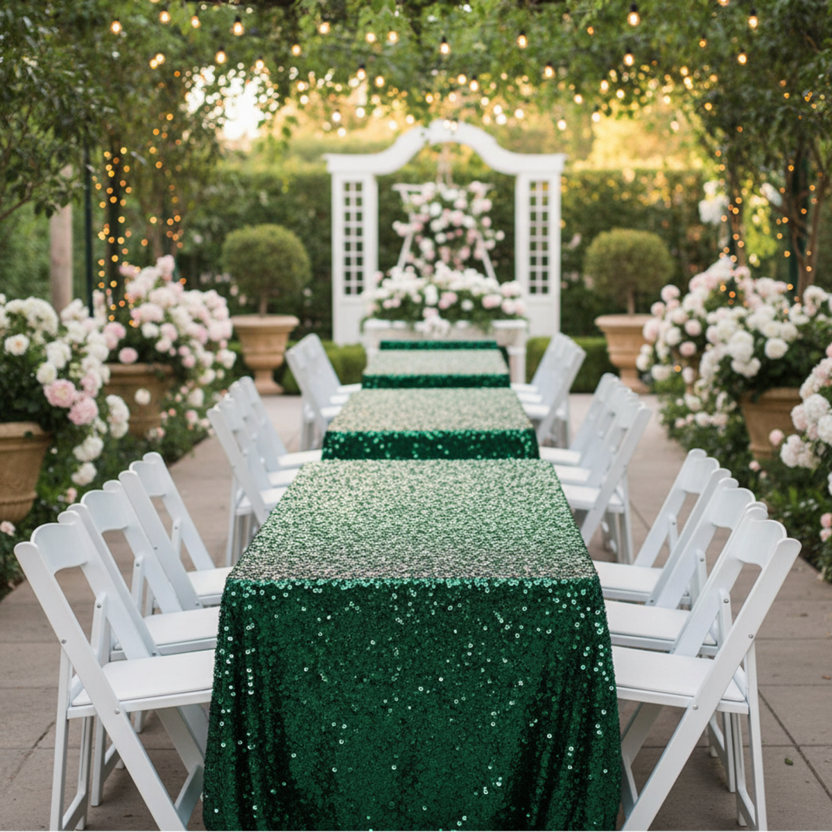 Outdoor Garden Wedding with Emerald Green Sequin Overlays