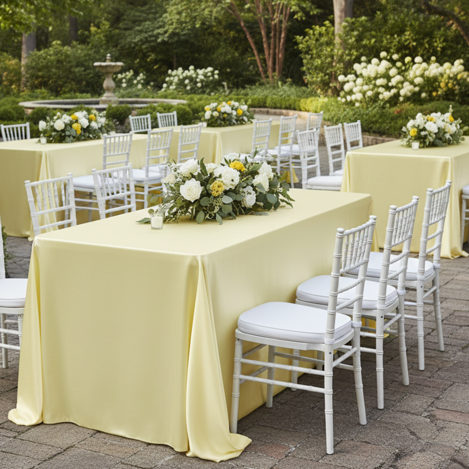Outdoor garden wedding event setup with yellow satin tablecloth